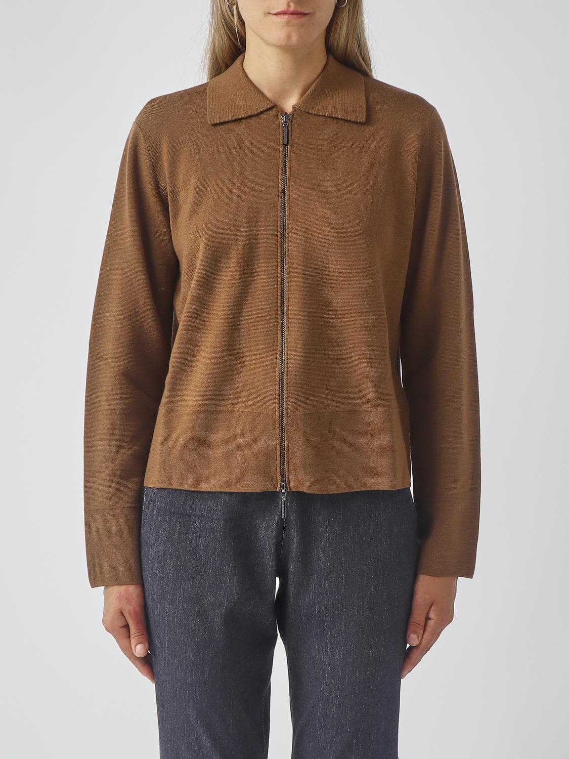 Mm Max Mara Pure Virgin Wool Polo Cardigan with Zip Closure