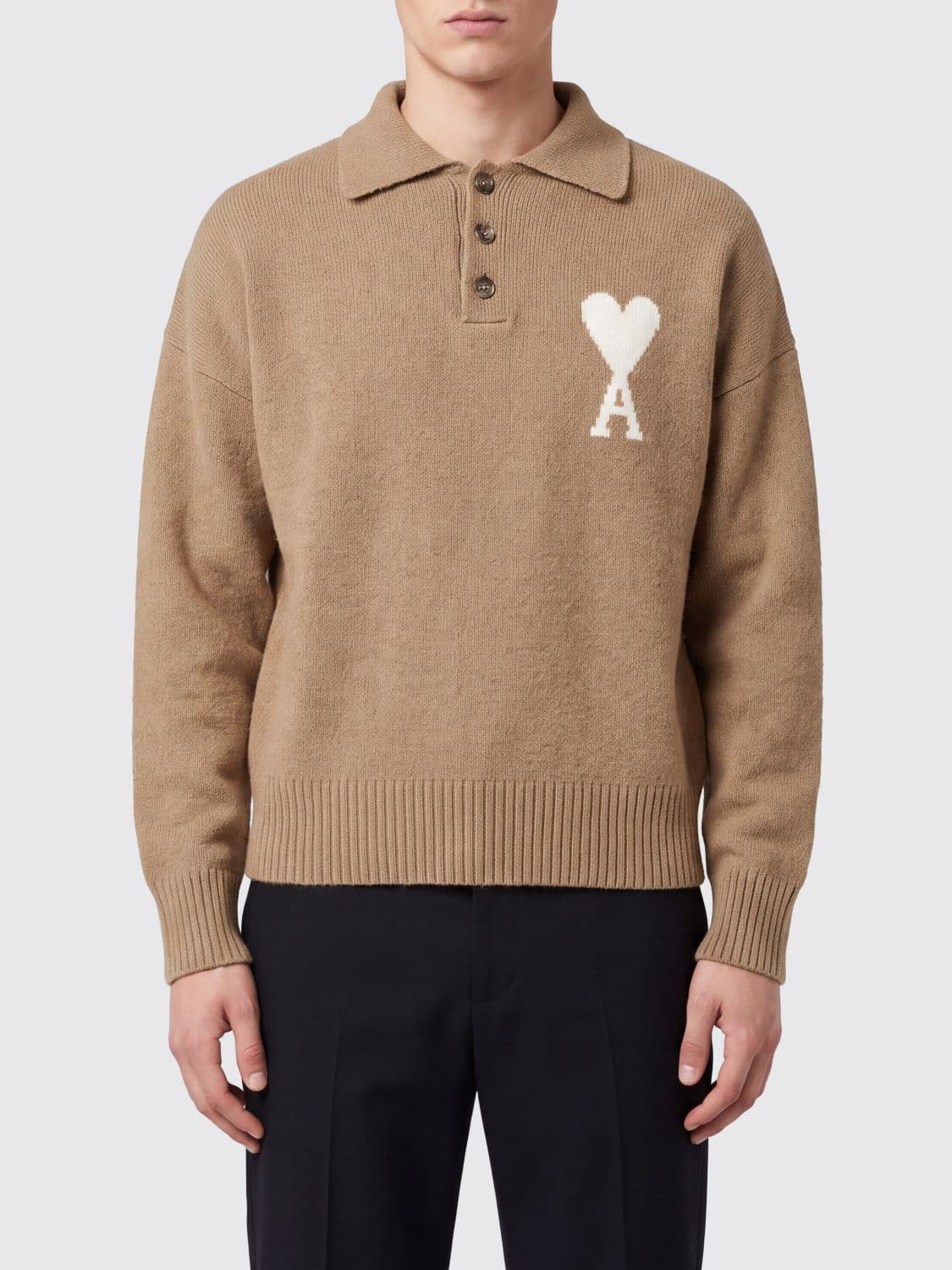 Ami Paris Long-Sleeved Knit Polo with Ami de Caur Jacquard Logo
