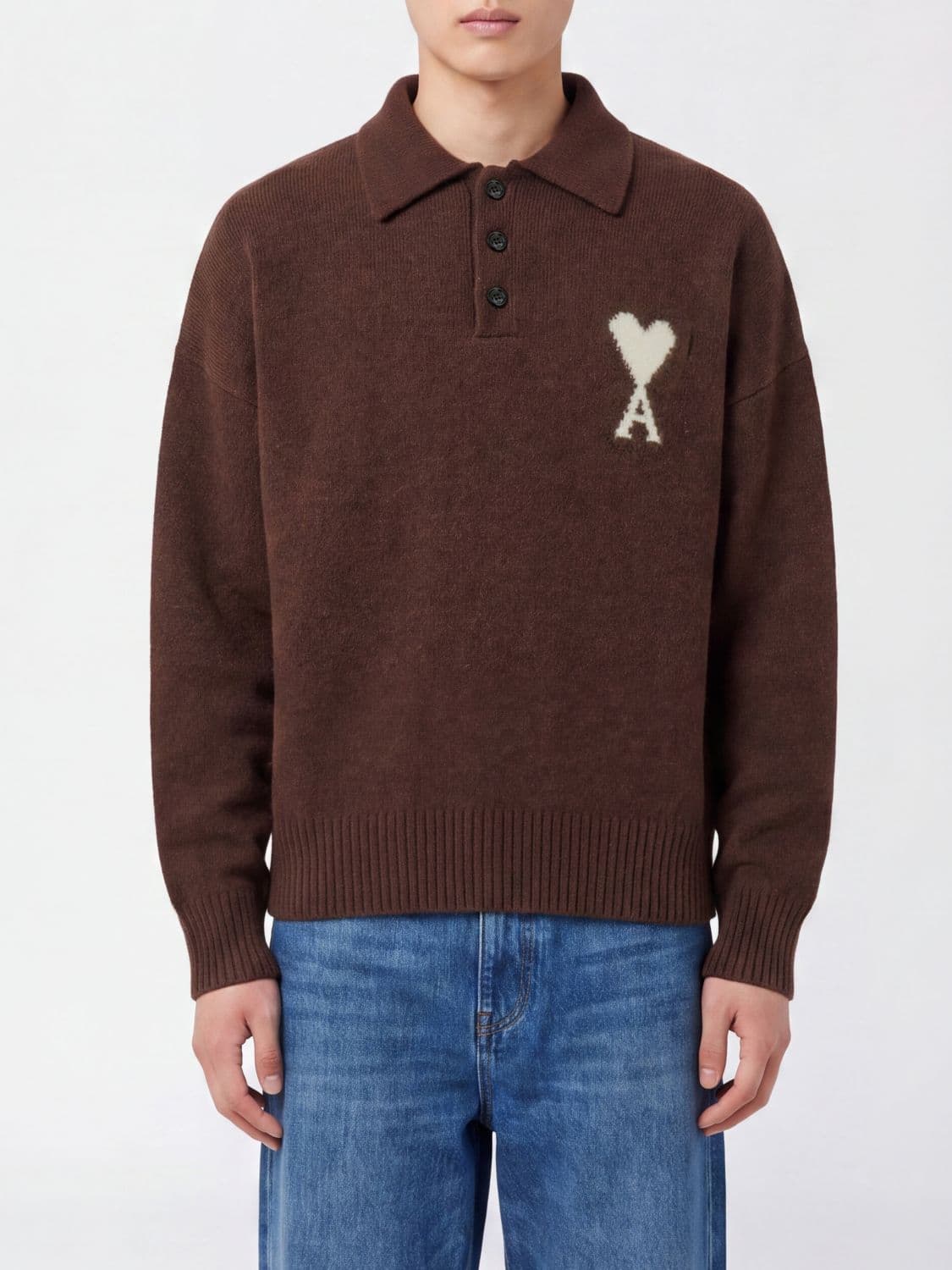 Ami Paris Long-Sleeved Knit Polo with Ami de Caur Jacquard Logo