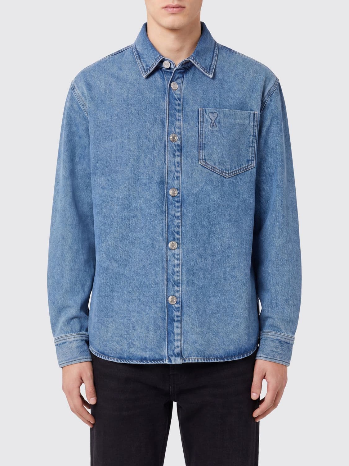 Ami Paris Cotton Denim Shirt with French Collar and Concealed Buttoning