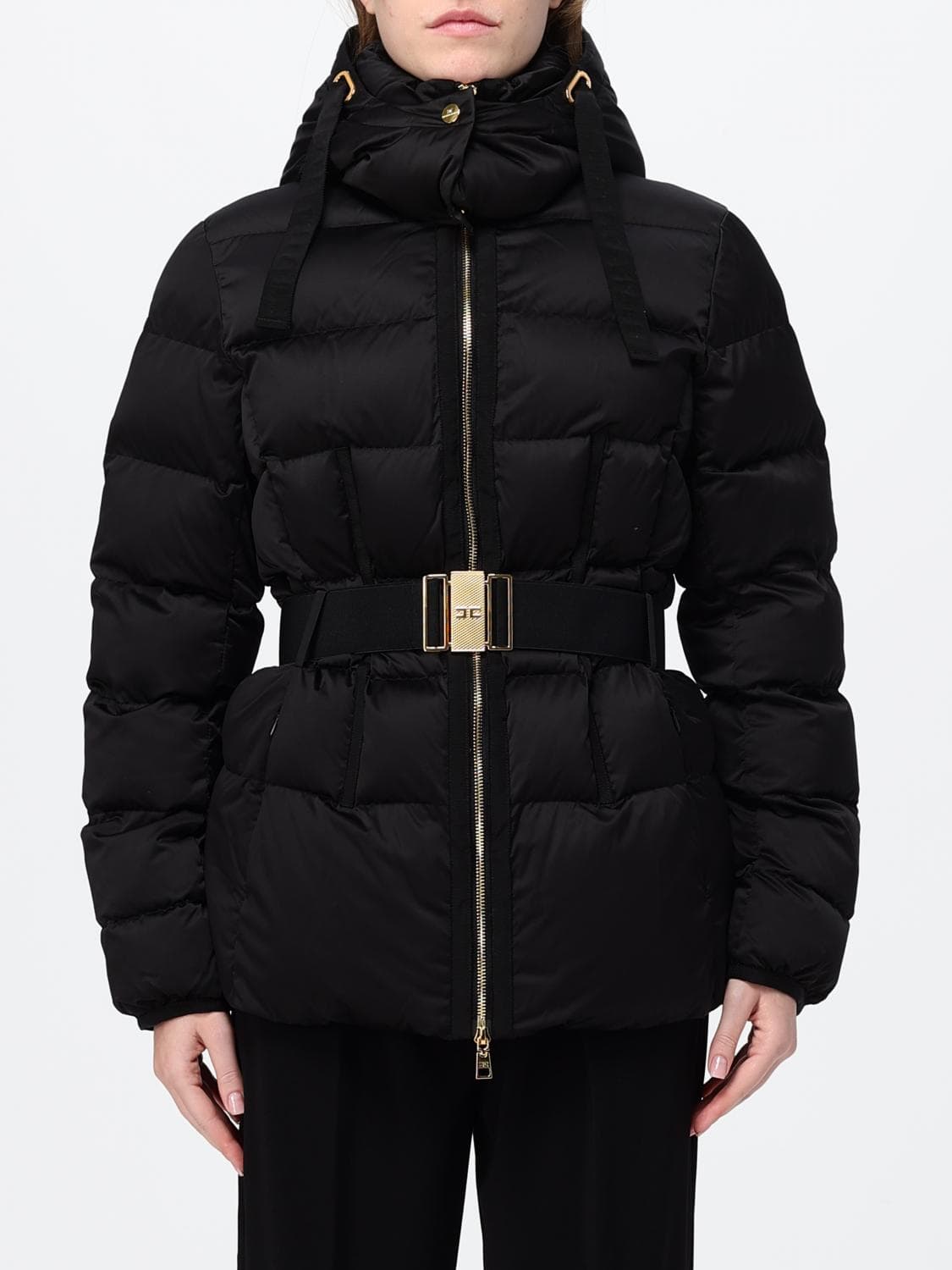 Elisabetta Franchi Short Quilted Puffer Jacket with Removable Hood and Belt
