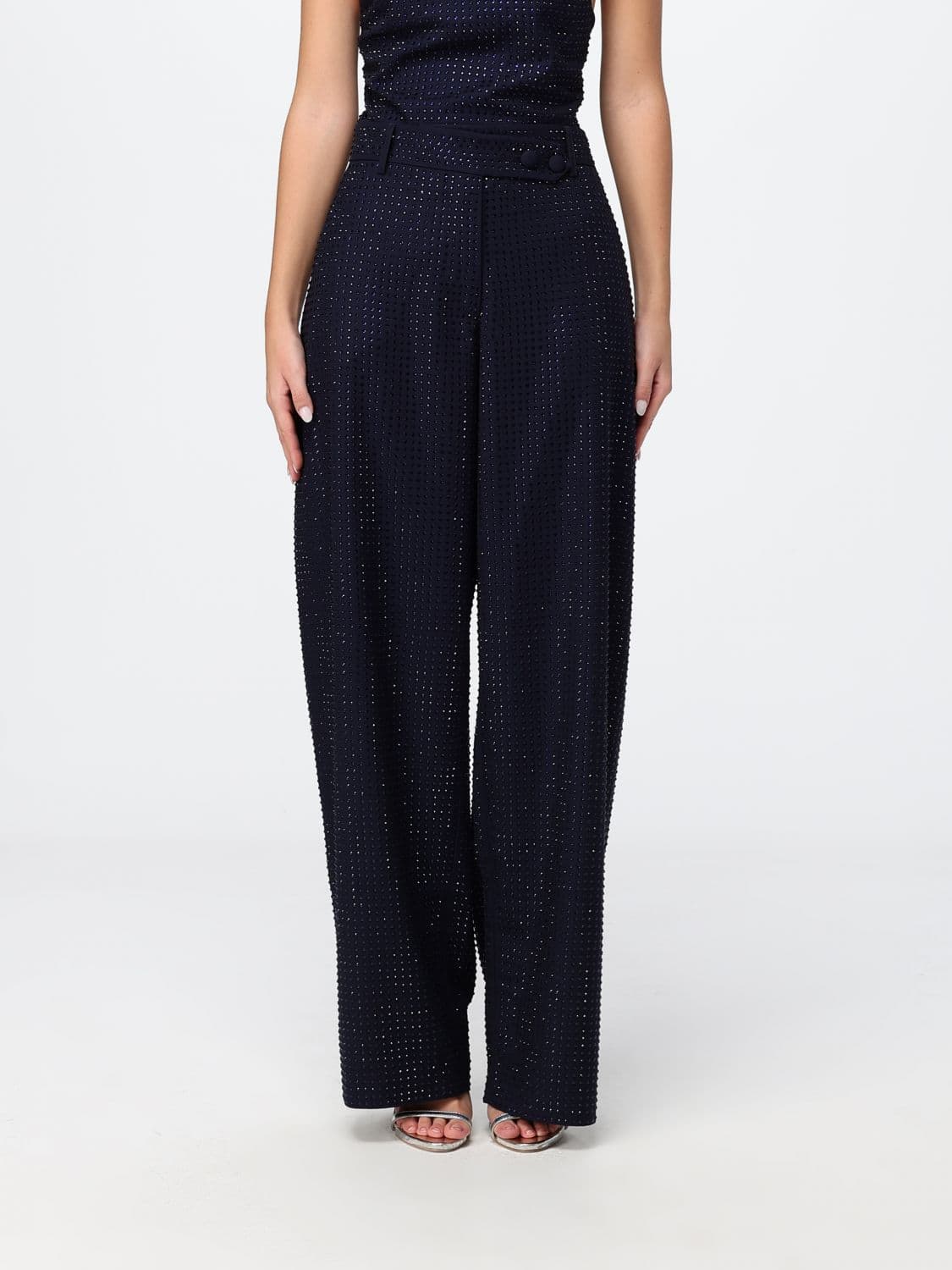 Pinko High-Waisted Wide Leg Crêpe Trousers with Rhinestone Applications
