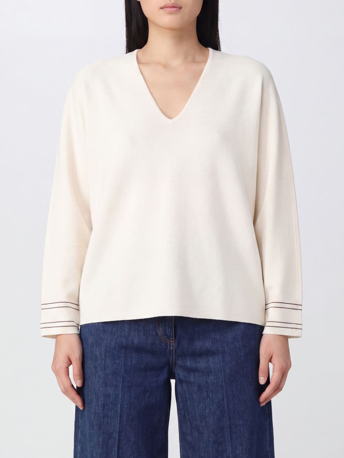 Max Mara V-Neck Relaxed Fit Jumper in Wool Blend with Dropped Shoulders