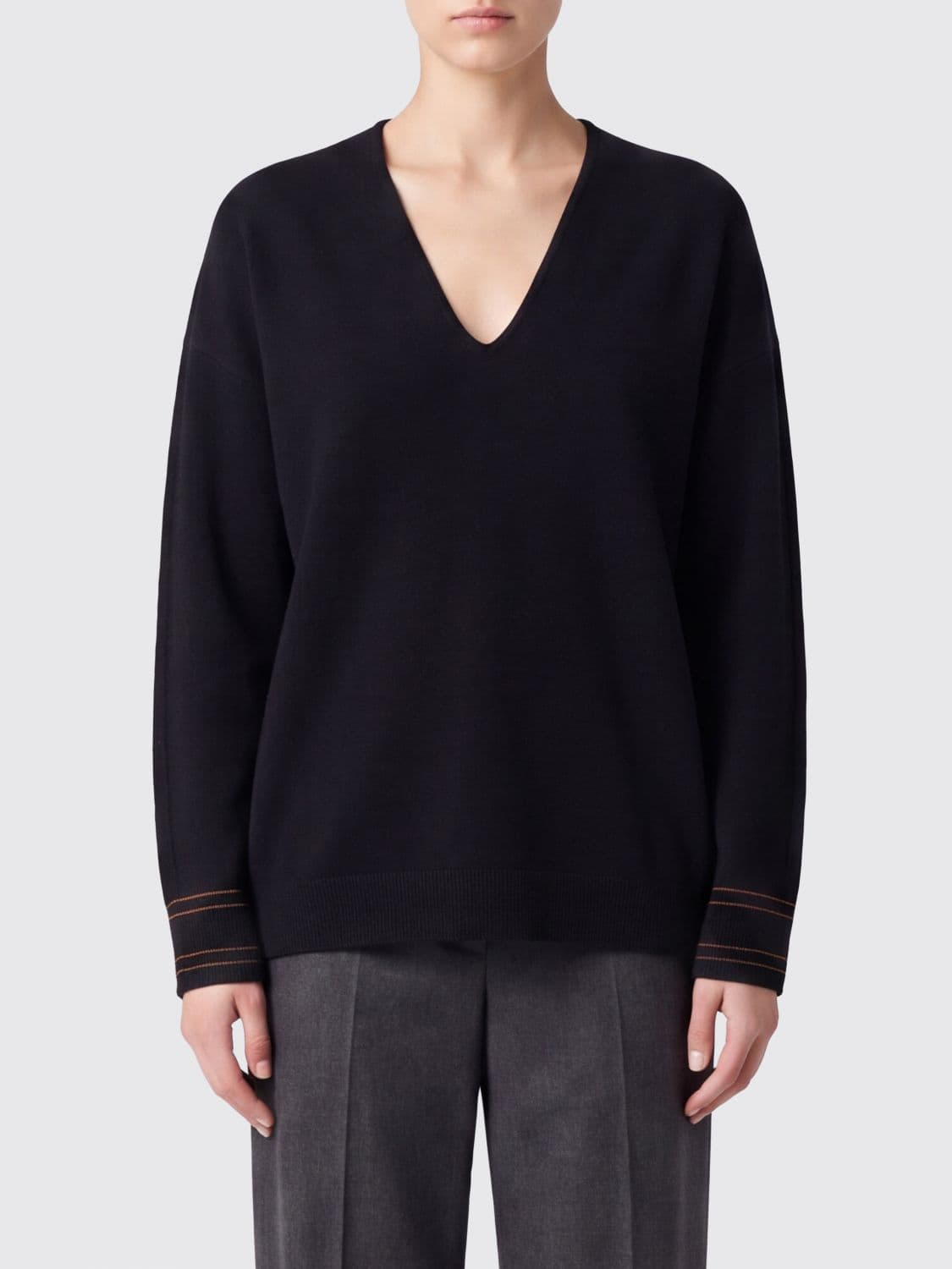 Max Mara V-Neck Relaxed Fit Jumper in Wool Blend with Dropped Shoulders