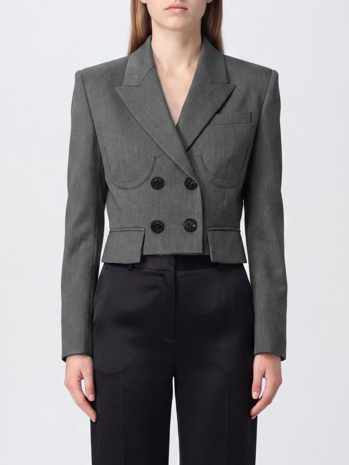 Elisabetta Franchi Cropped Double-Breasted Virgin Wool Blazer with Peaked Lapels