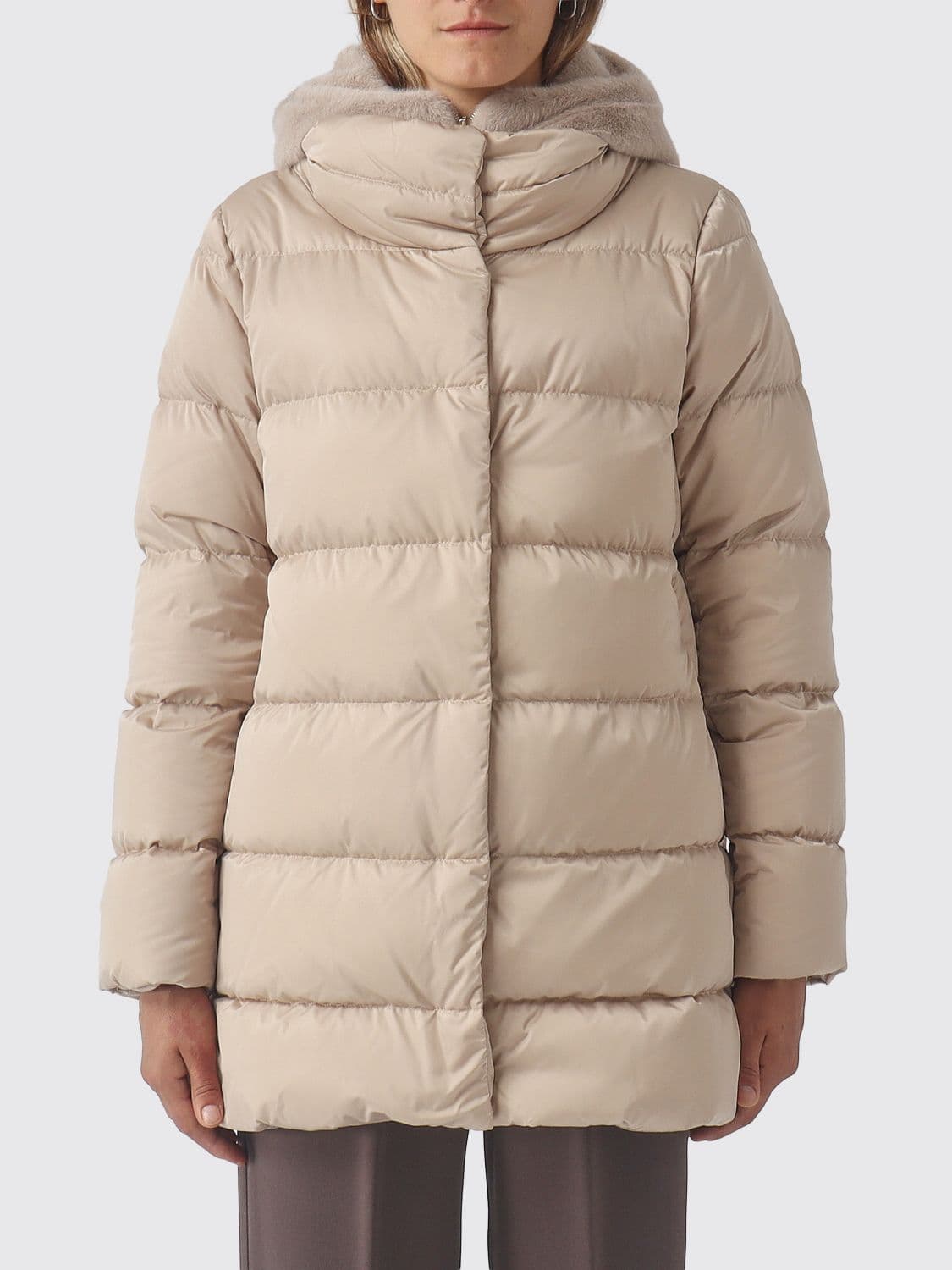 Herno Knee-Length Water-Repellent Technical Satin Puffer Coat with Shearling Hood