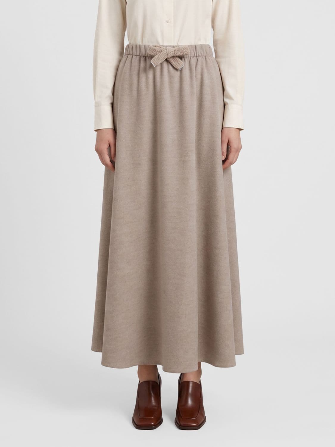 Herno Flared Wool Blend Knit Midi Skirt with High Waist and Drawstring