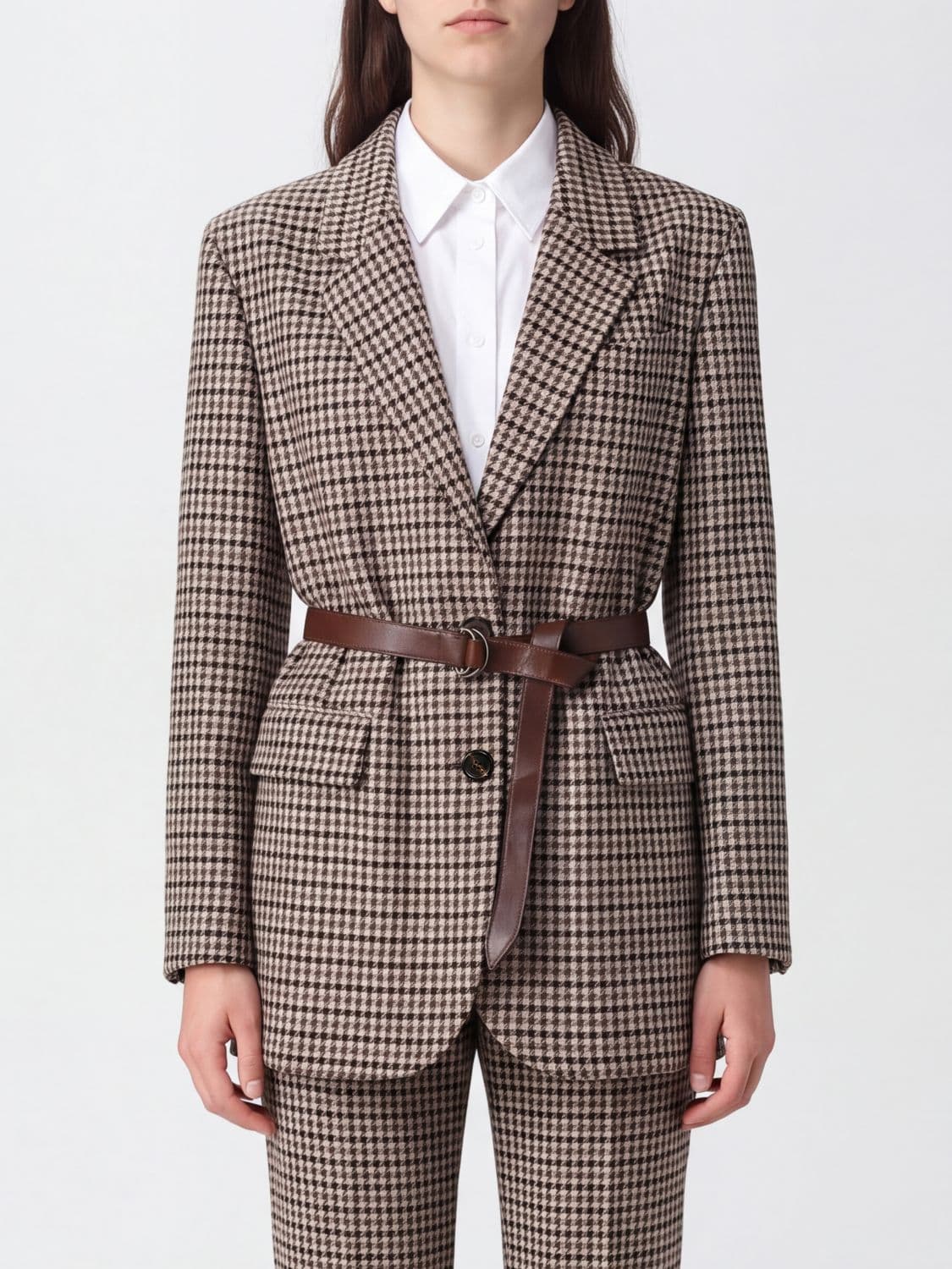 Brunello Cucinelli Single-Breasted Houndstooth Wool-Blend Blazer with Belt