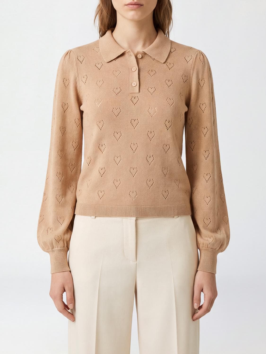 Twinset Puff-Sleeved Knit Polo in Cotton and Cashmere