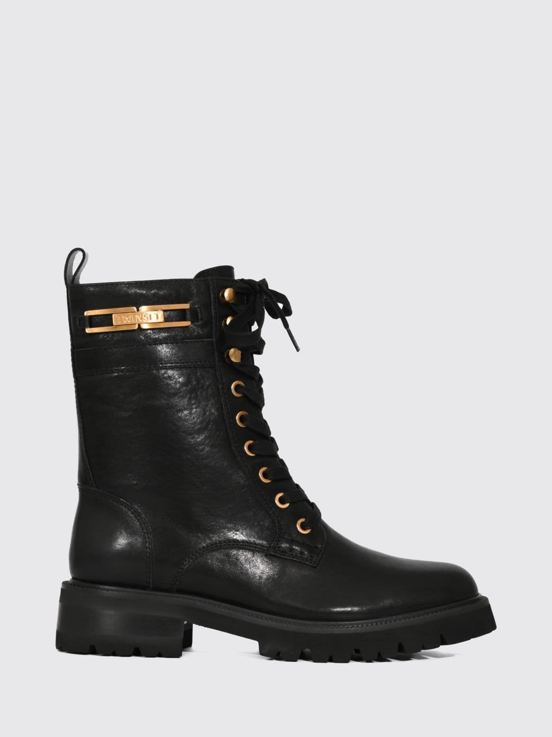 Twinset Leather Combat Boots with Lug Sole and Side Zip Closure