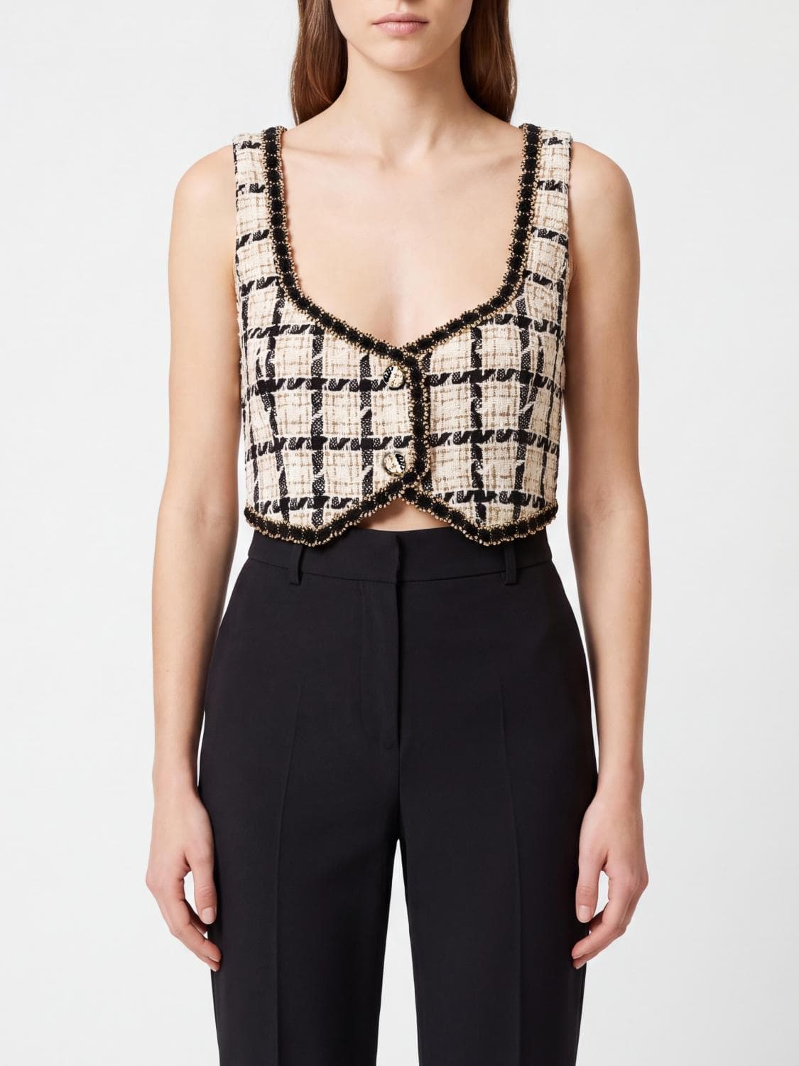 Twinset Cropped V-Neck Top in Check Tweed with Off-Shoulder Design