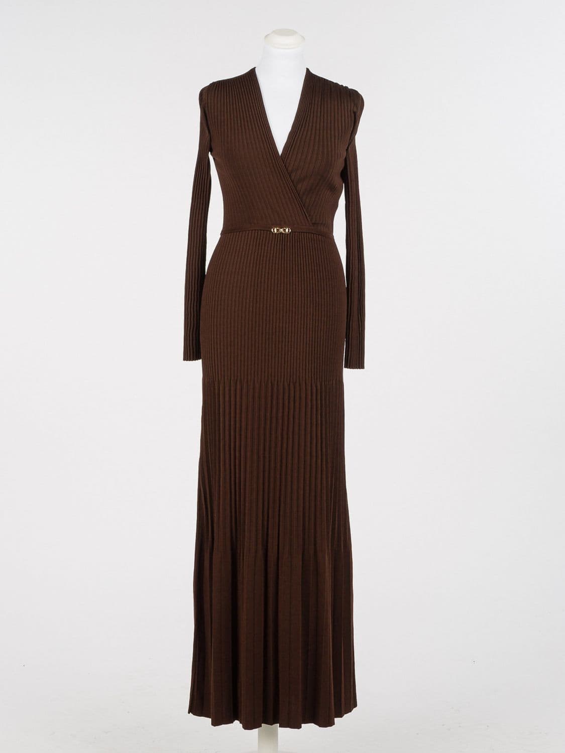 Twinset Slim Fit Pleated Knit Midi Dress in Viscose with V-Neck and Belt