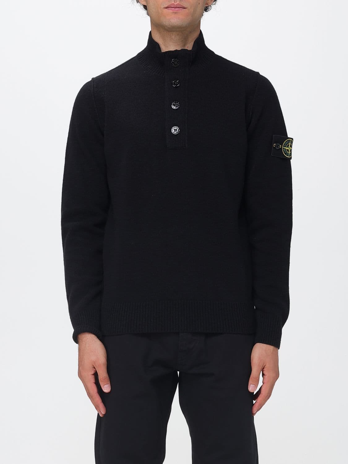 Stone Island Wool High-Neck Sweater with Compass Logo Patch and Button Closure