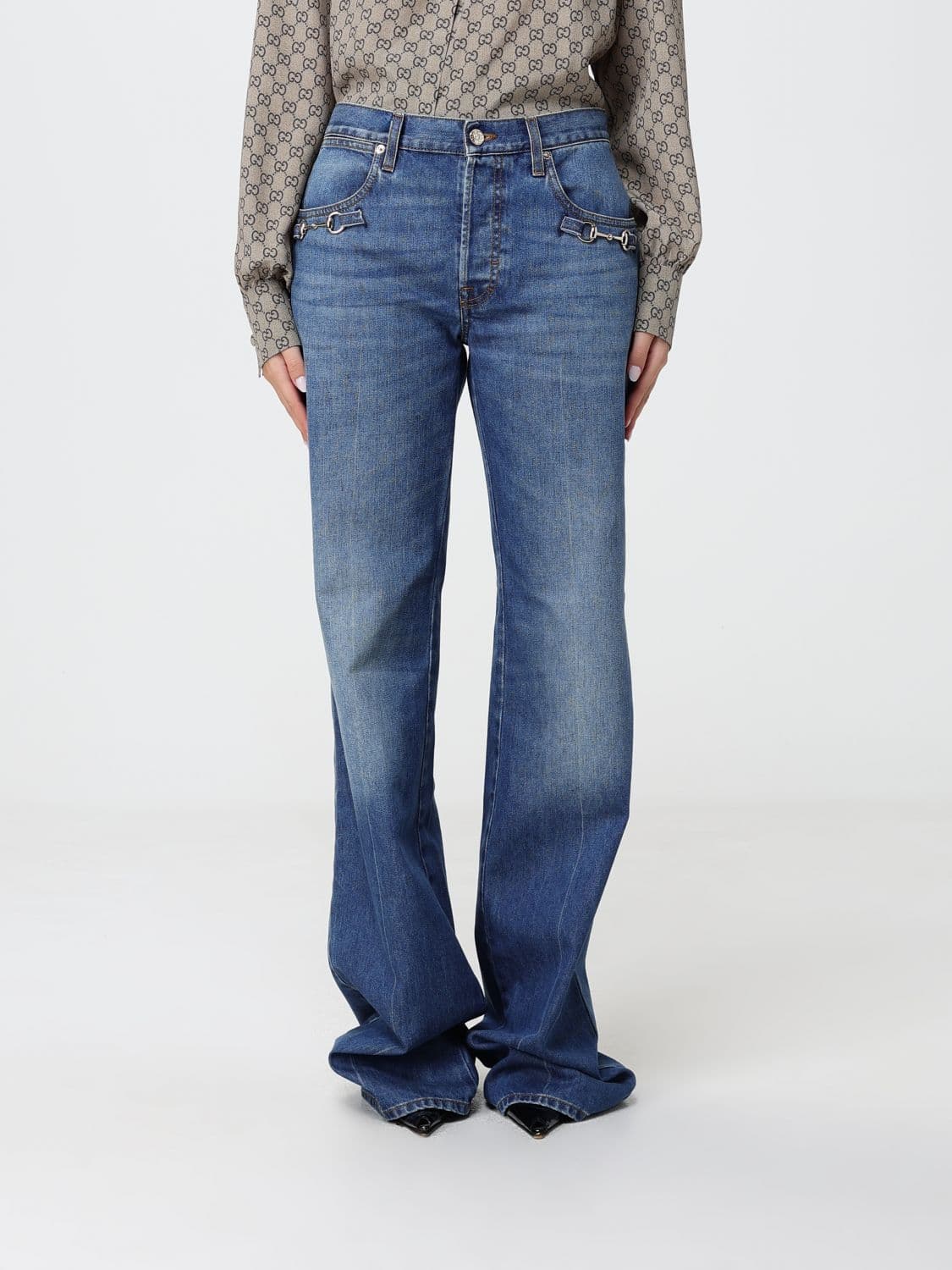 Gucci High-Waisted Flared Denim Jeans with Horsebit Embroidery