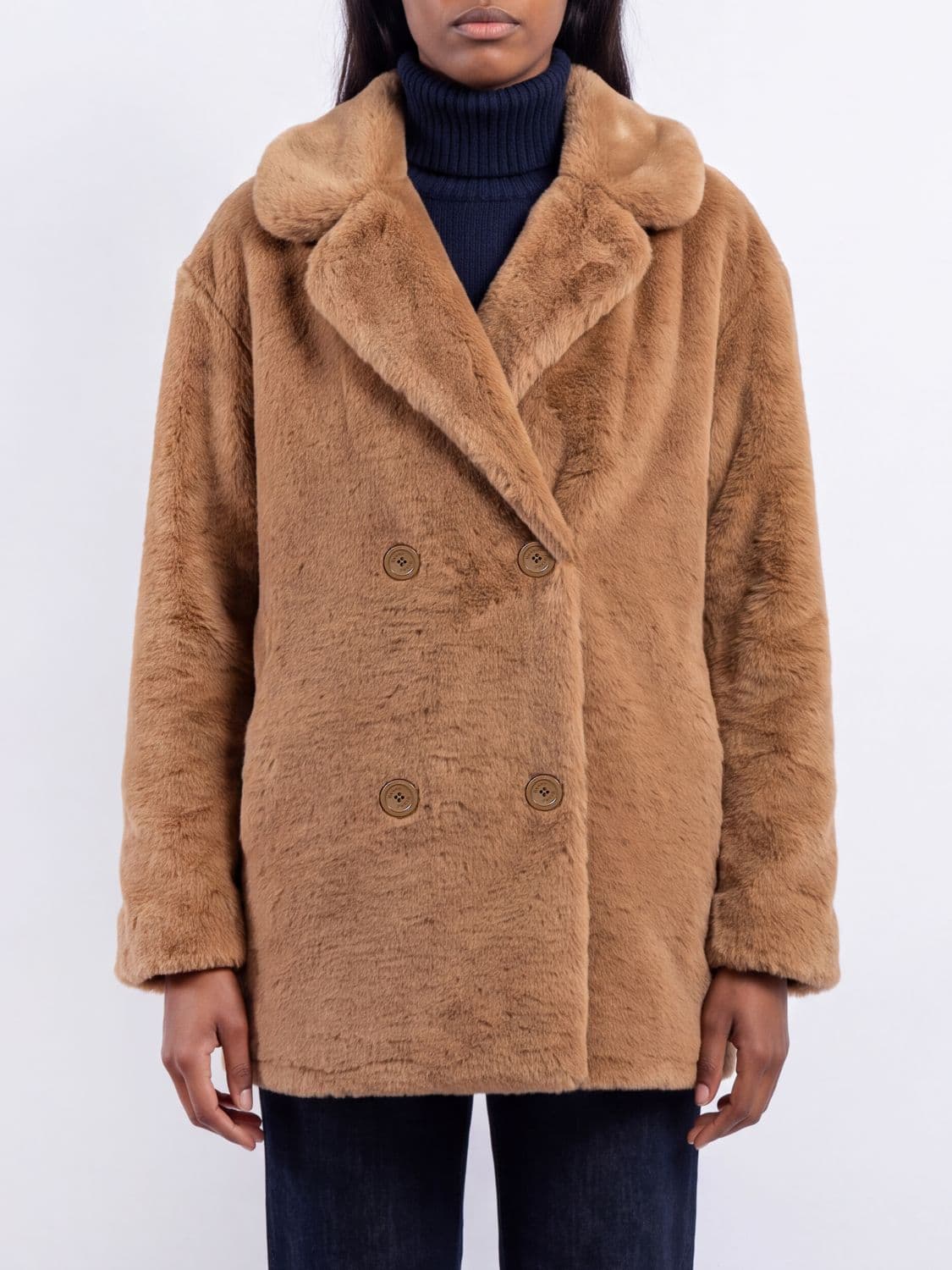 Herno Double-Breasted Short Faux Fur Coat with Classic Collar