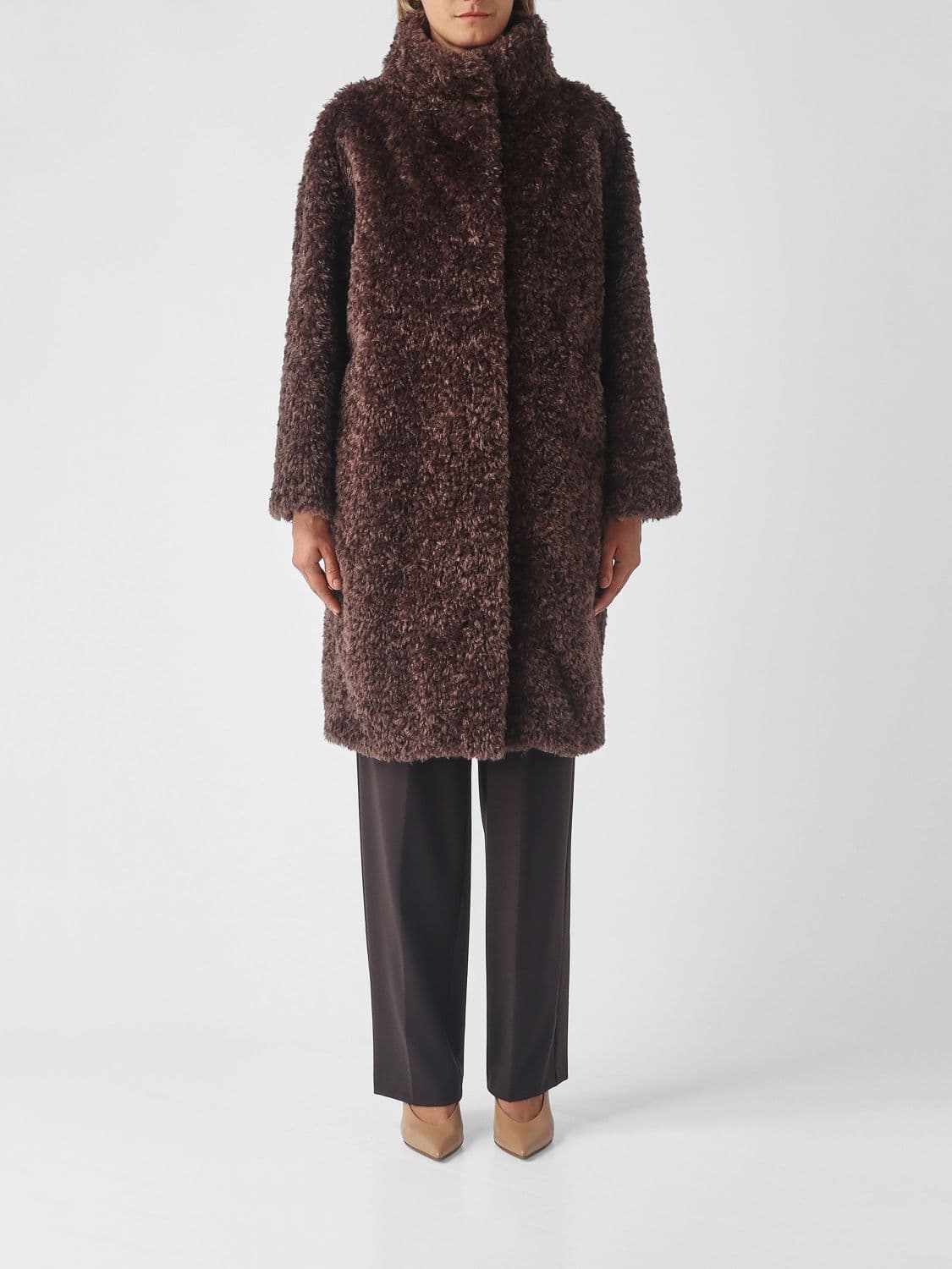 Herno Knee-Length Faux Shearling Coat with a High Neck