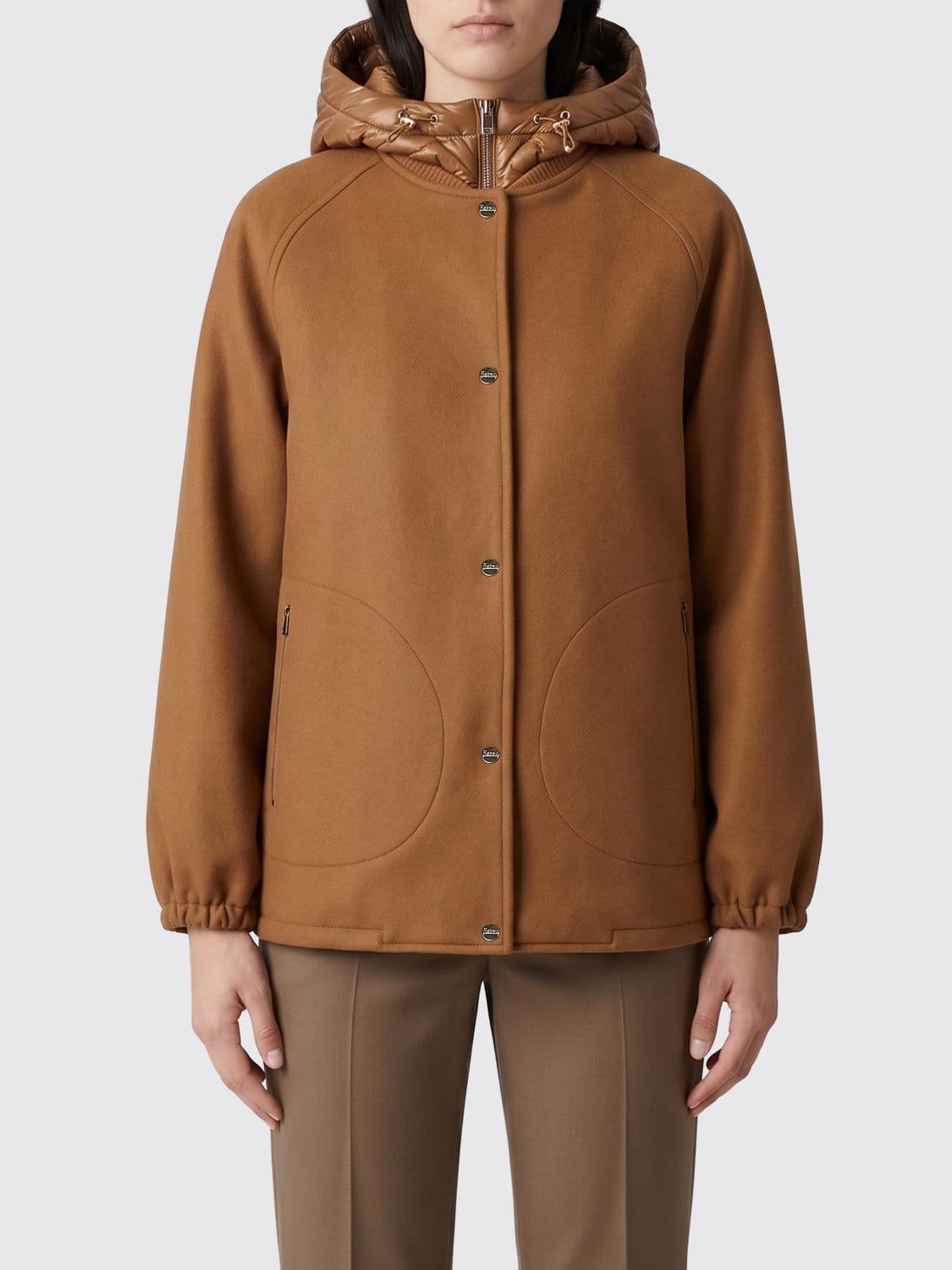 Herno Hooded Wool Cloth Short Coat with Nylon Inserts
