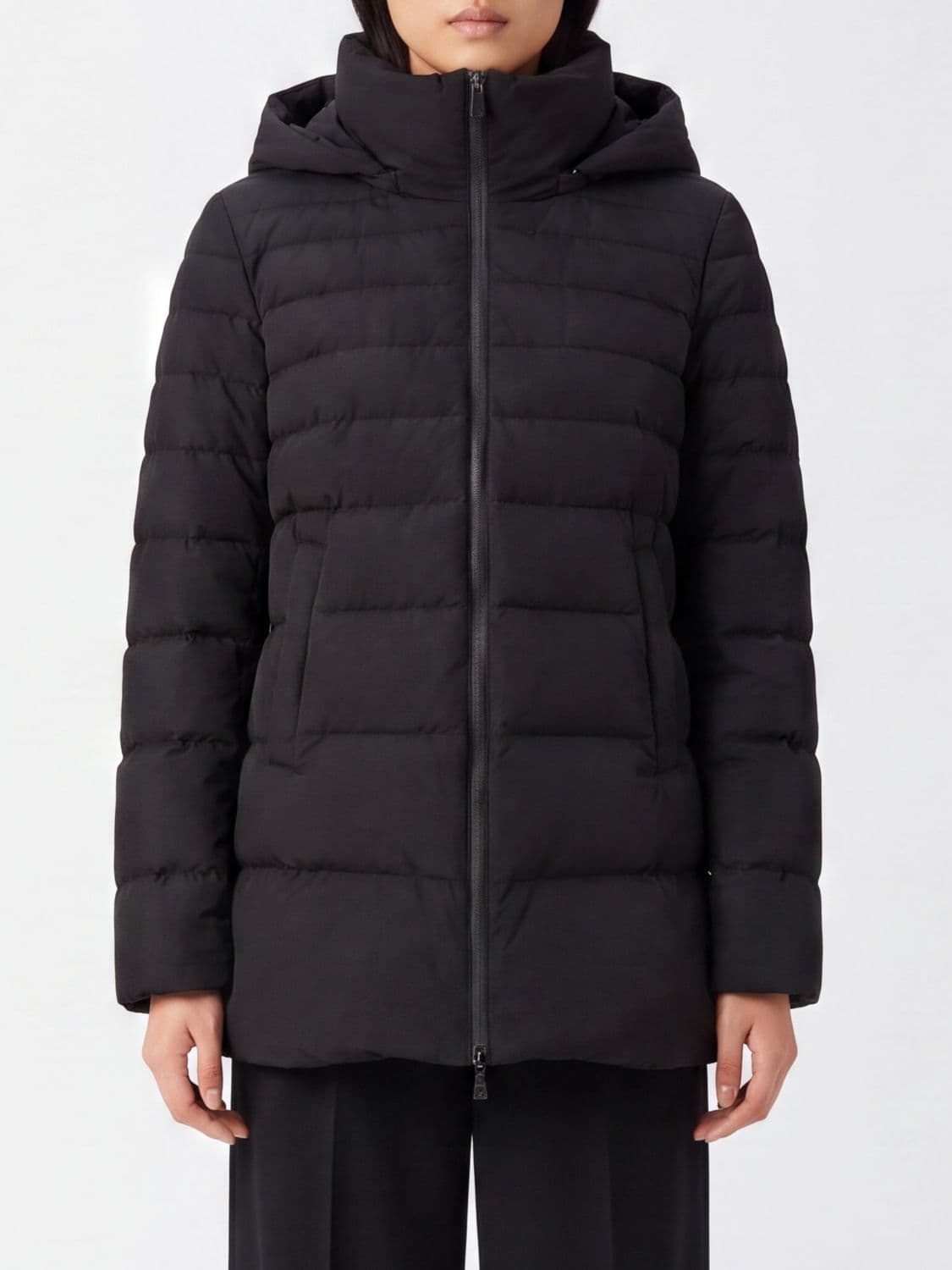 Herno Knee-Length Quilted Nylon Down Jacket with Removable Hood