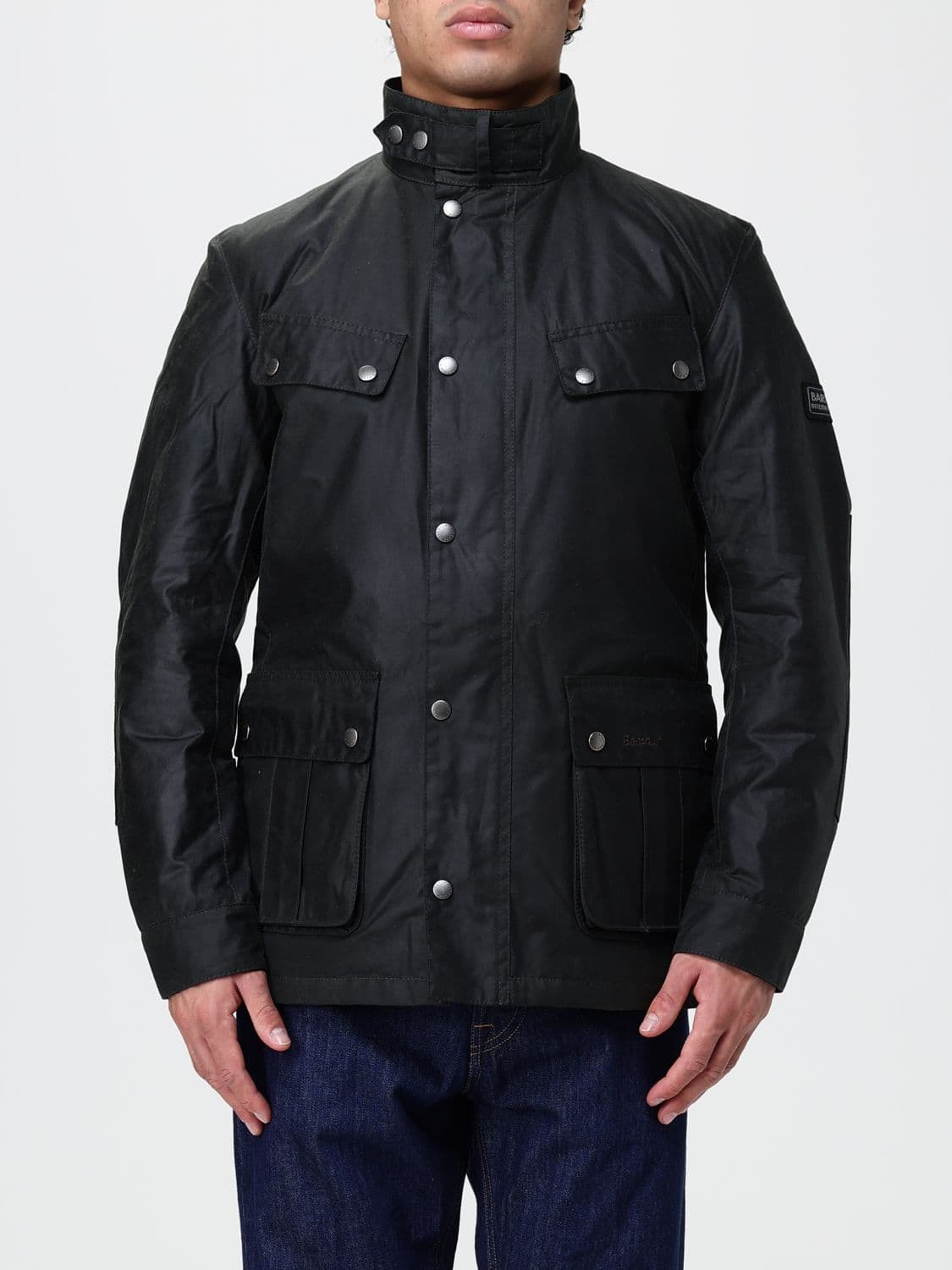 Barbour International Duke High Neck Waxed Cotton Jacket with Patch Pockets