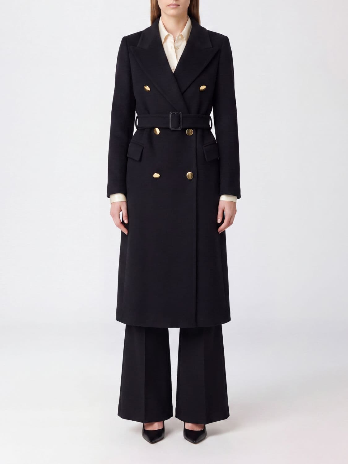 Tagliatore Long Double-Breasted Belted Coat in Virgin Wool and Cashmere