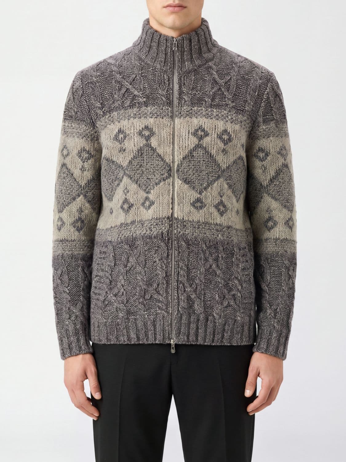 Brunello Cucinelli Geometric Pattern Wool and Cashmere Blend Zipped Cardigan