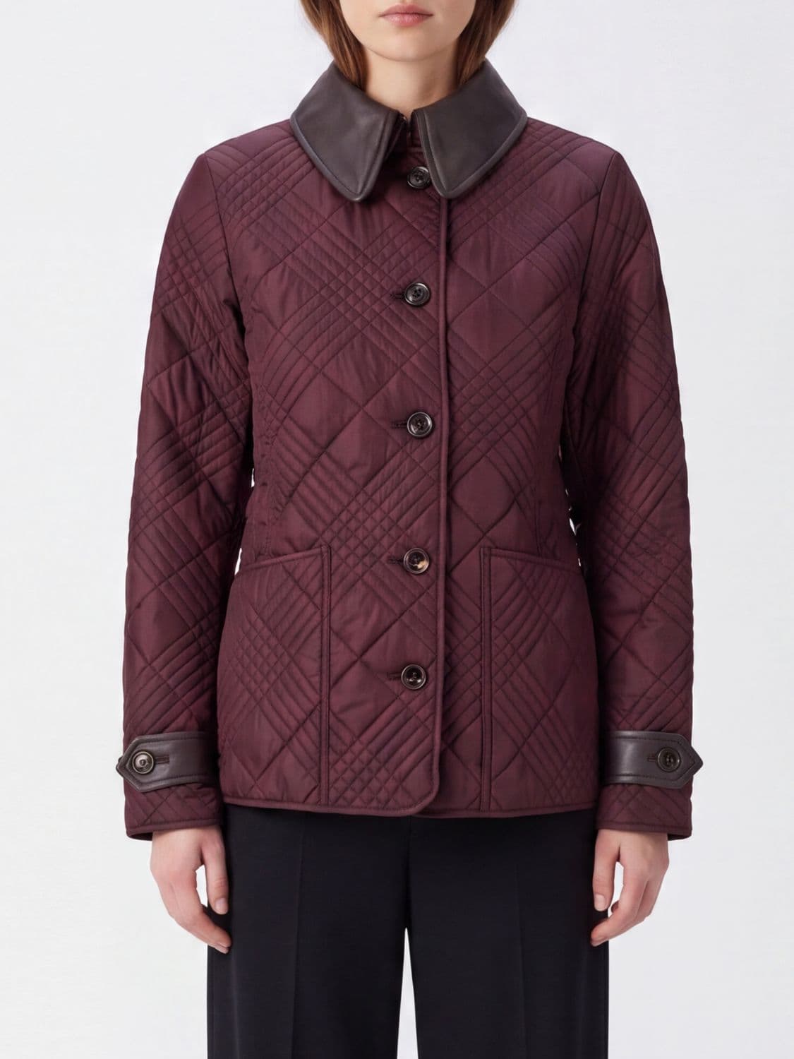 Burberry Short Quilted Nylon Jacket with Leather Collar and Patch Pockets