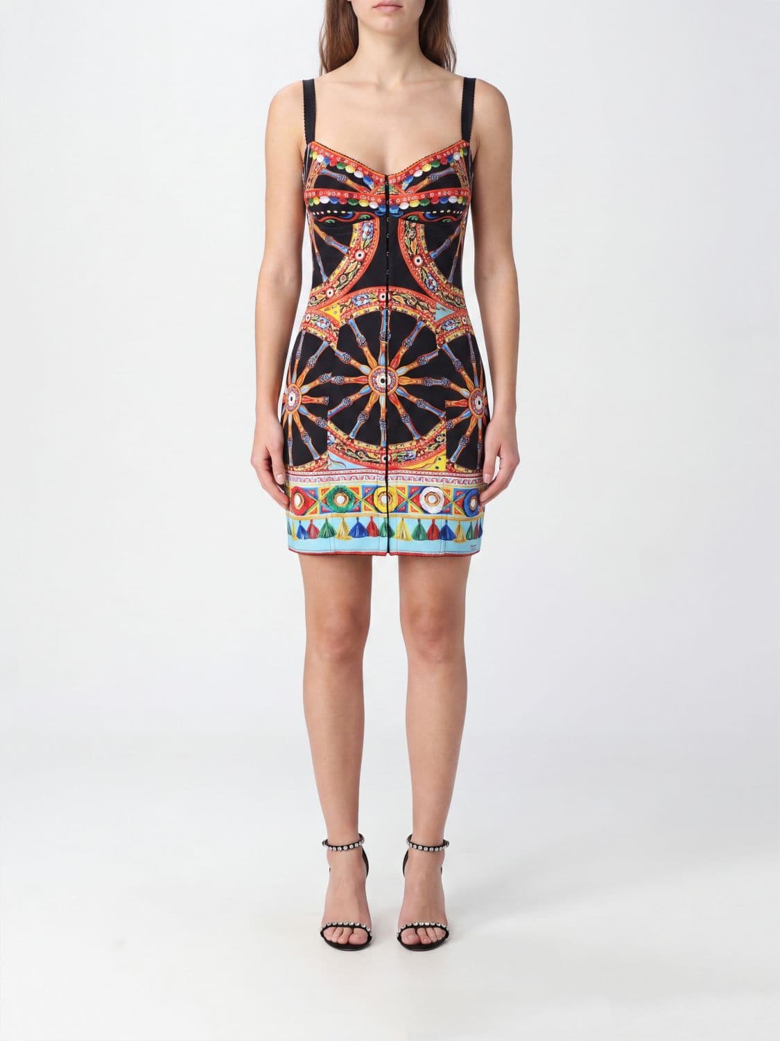 Dolce & Gabbana Carretto Siciliano Print Silk Bustier Mini Dress
