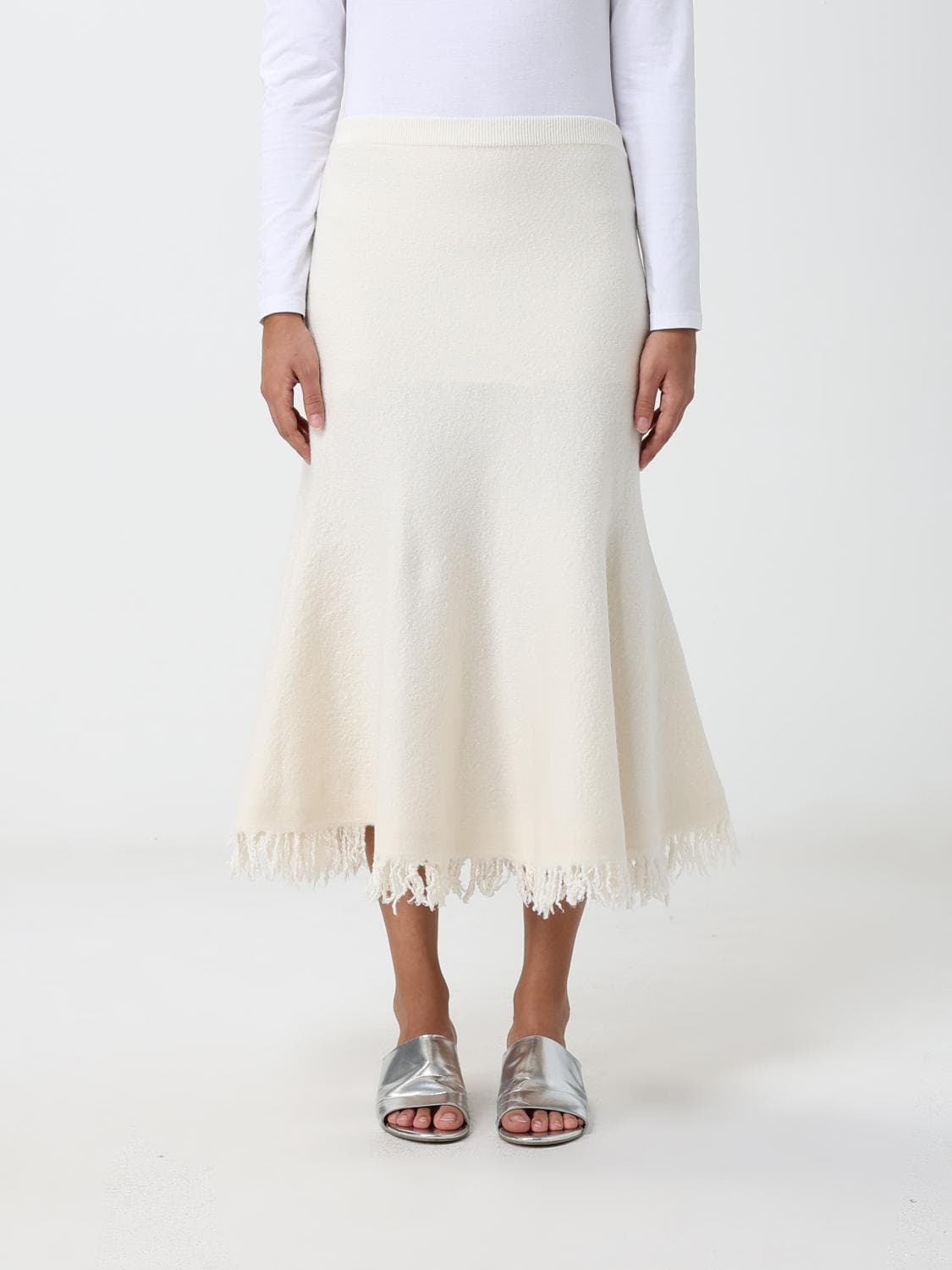 Bottega Veneta Flared Wool-Knit Midi Skirt with Fringed Hem