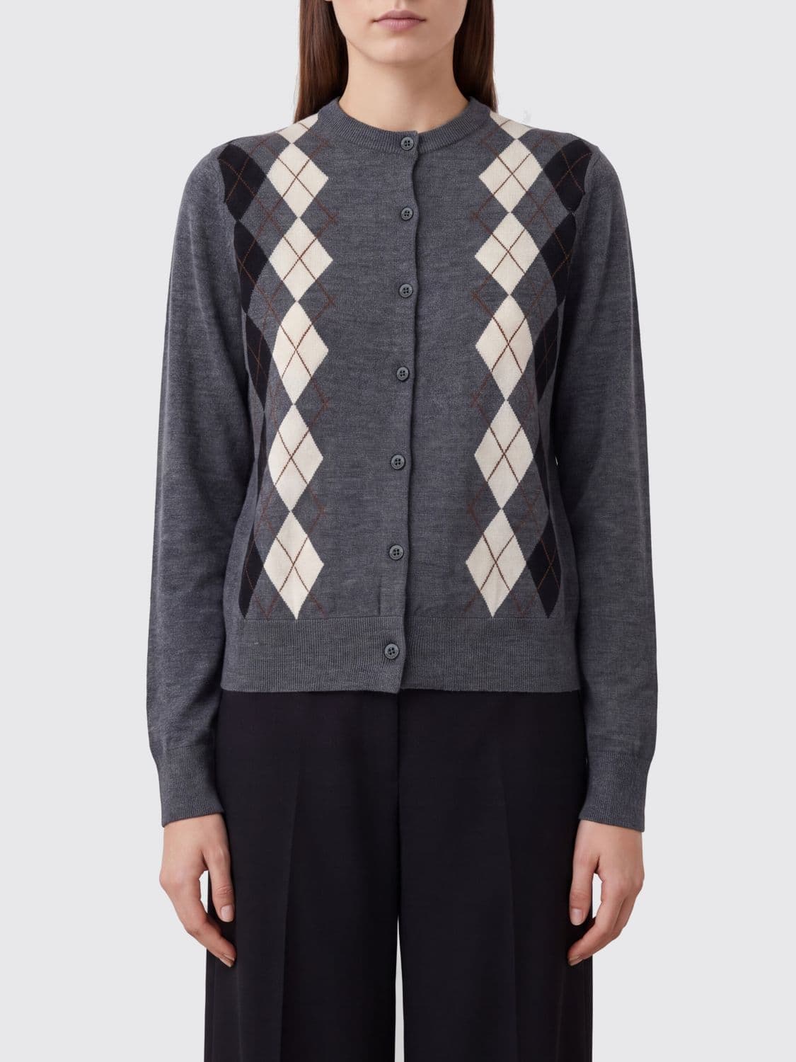 Semicouture Argyle Pattern Virgin Wool Cardigan with Button Closure