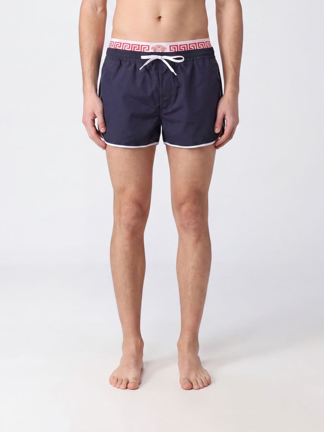 Versace Boxer Swim Shorts with Elasticated Logo Waistband and Drawstring