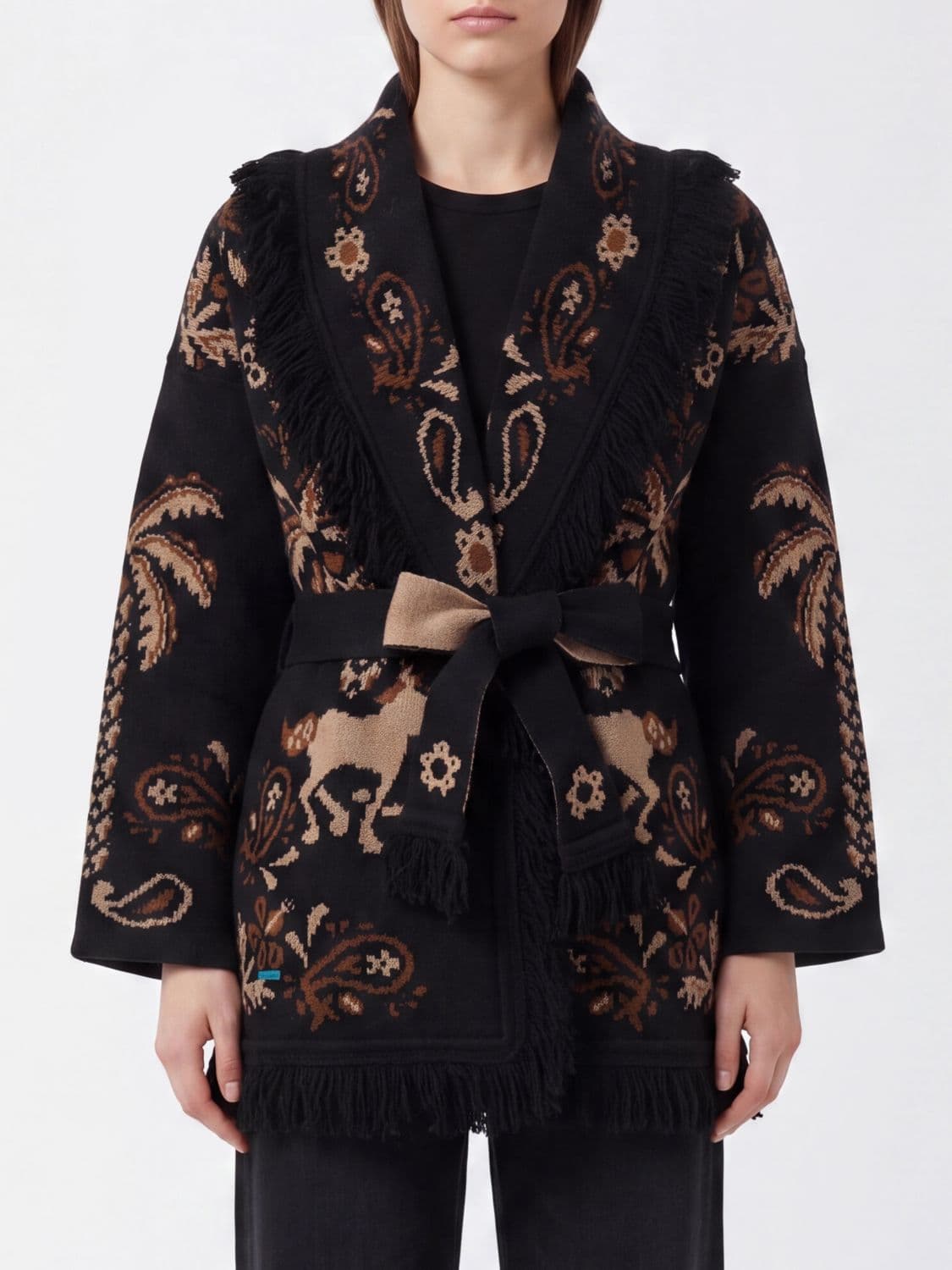Alanui Jacquard Wool and Cashmere Blend Cardigan with Fringed Trim and Belt