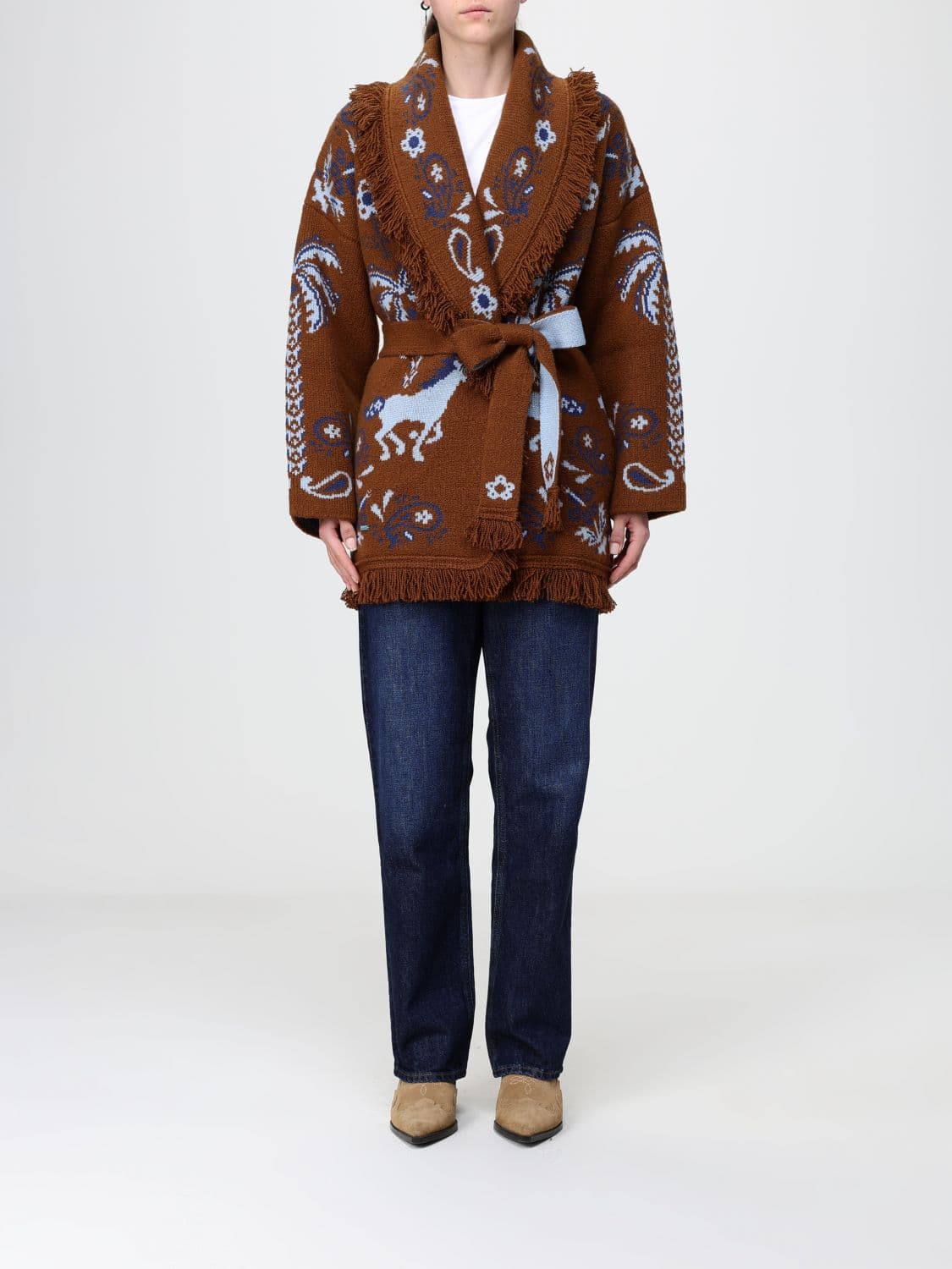 Alanui Jacquard Wool and Cashmere Blend Cardigan with Fringed Trim and Belt