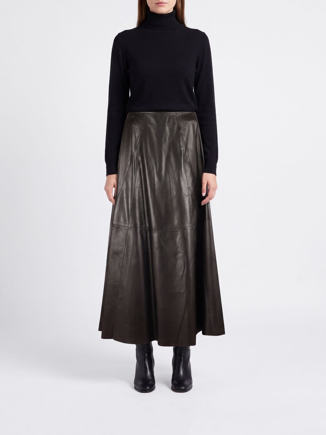 Arma Flared Midi Skirt in Smooth Lambskin Leather with High Waist and Back Zip