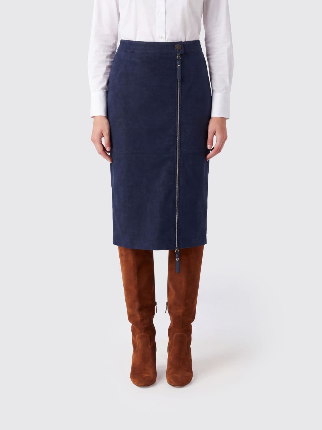 Pinko High-Waisted Midi Pencil Skirt in Viscose Blend with Off-Center Zip