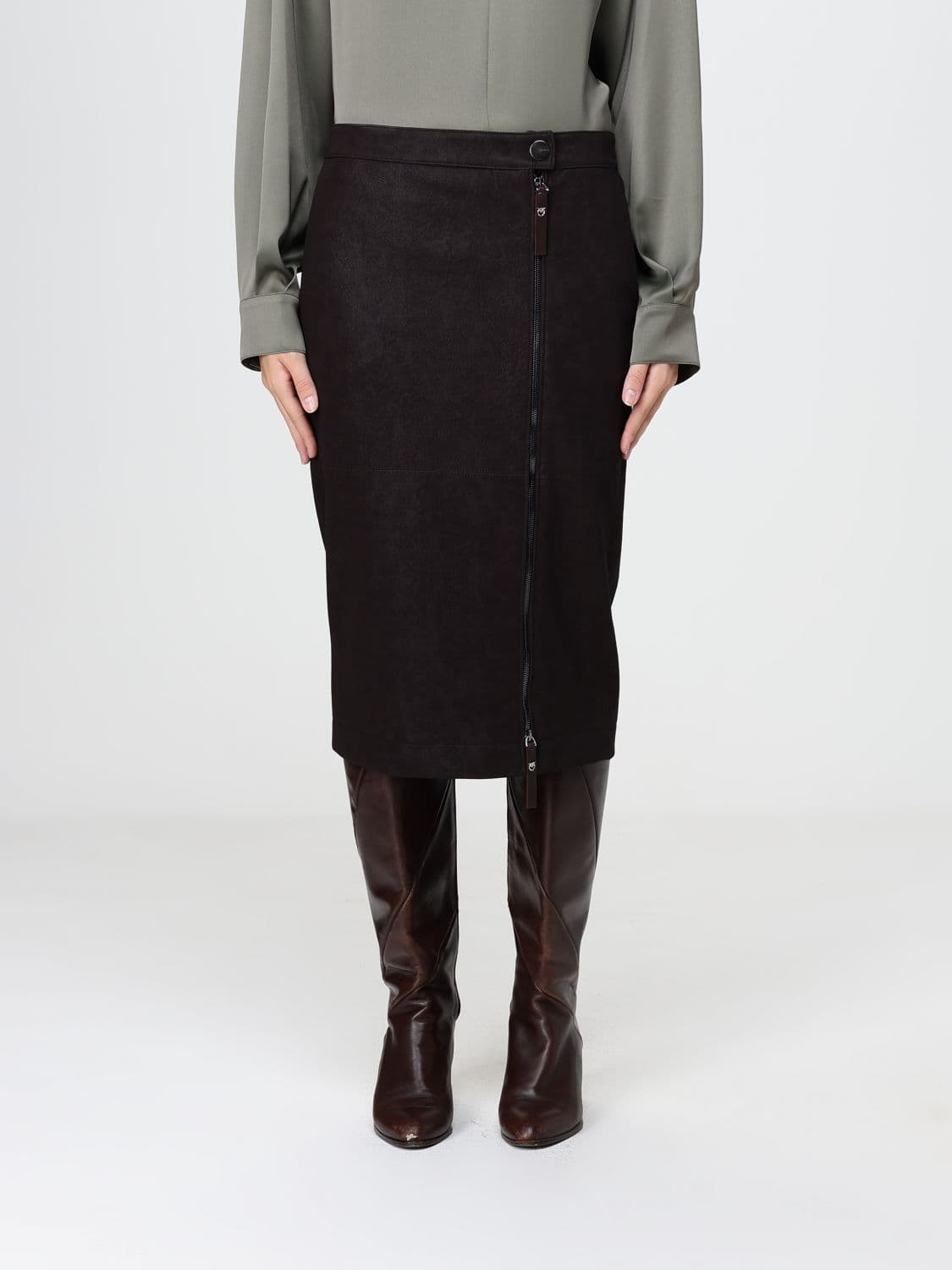 Pinko High-Waisted Midi Pencil Skirt in Viscose Blend with Off-Center Zip