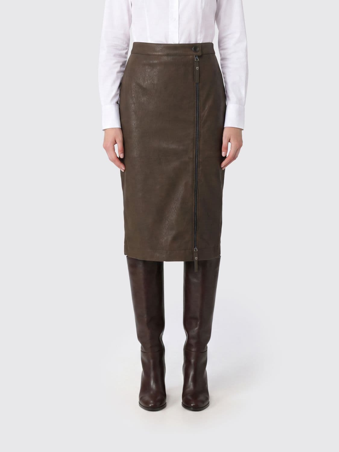 Pinko High-Waisted Midi Pencil Skirt in Viscose Blend with Off-Center Zip