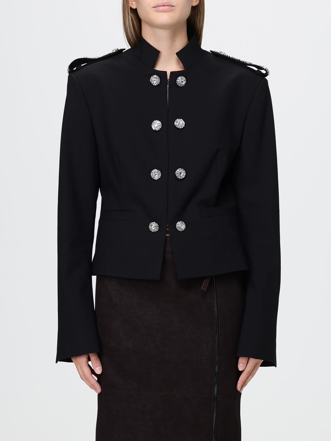 Pinko Slim Fit Crêpe Blazer with Jewel Buttons, Epaulettes and Concealed Fastening