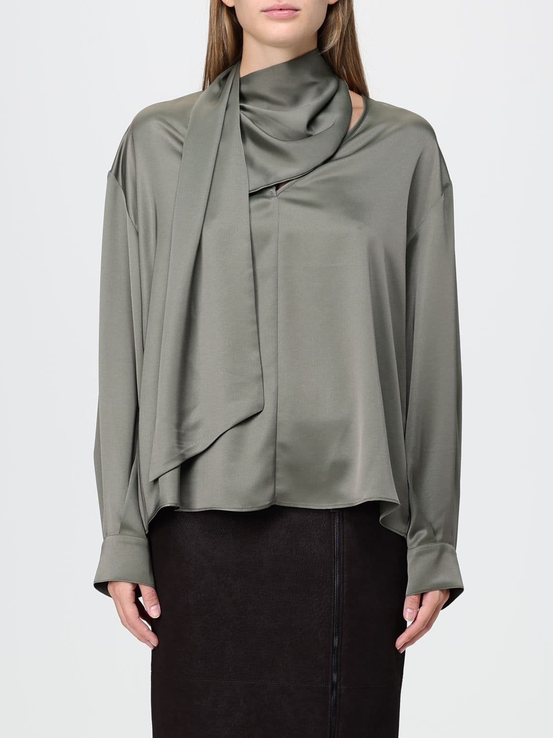 Pinko Satin Blouse with Pussy-Bow Neck, Long Sleeves and Dropped Shoulders
