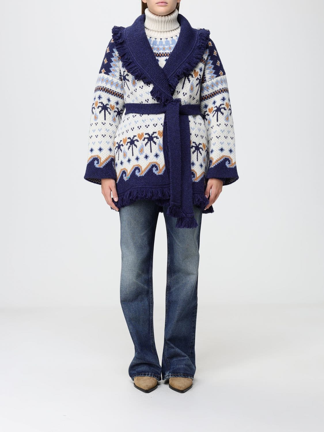 Alanui Jacquard Virgin Wool Cardigan with Shawl Collar, Fringes and Belt