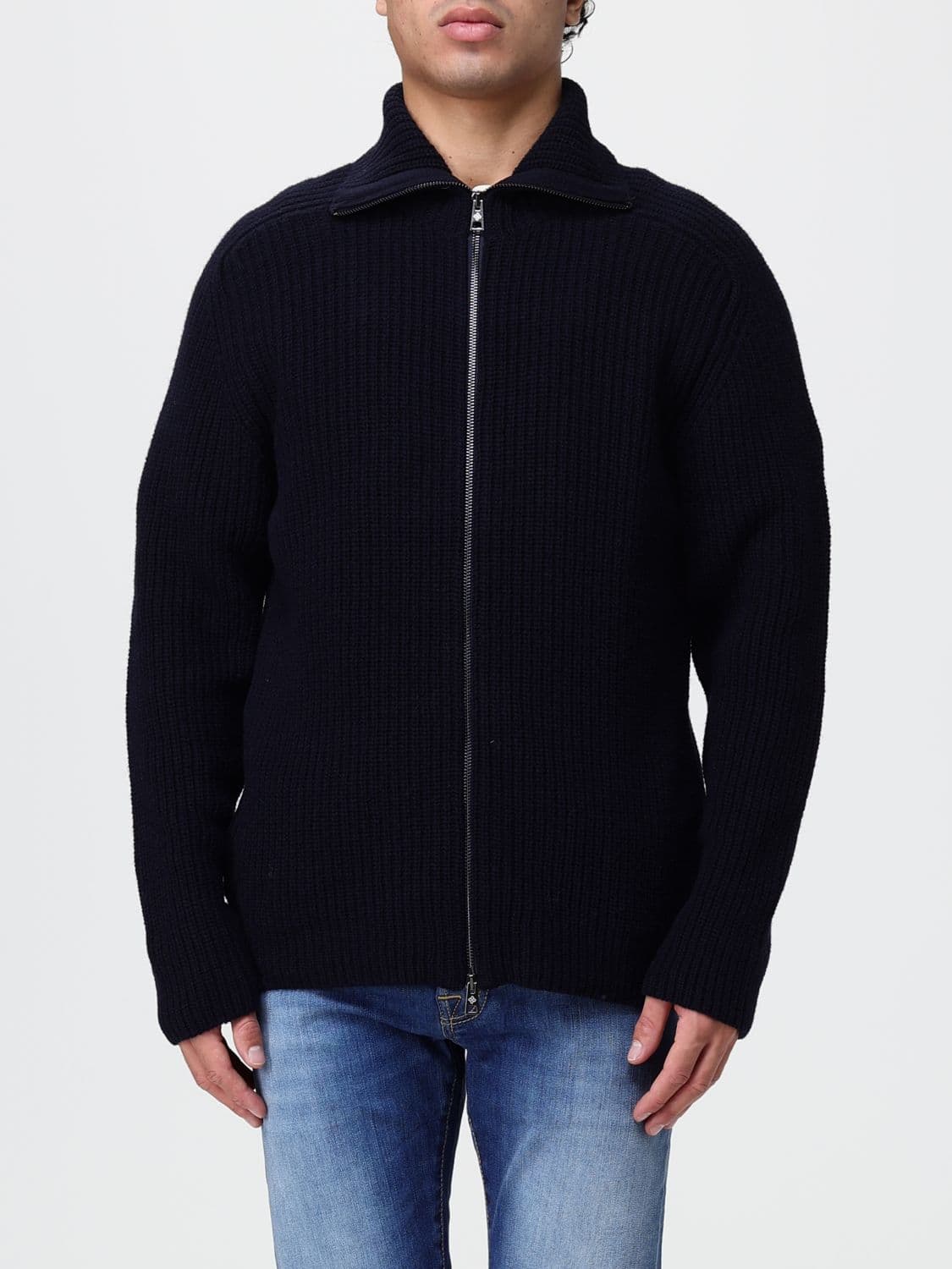 Tagliatore Ribbed-Collar Zip-Up Wool Blend Cardigan · 48