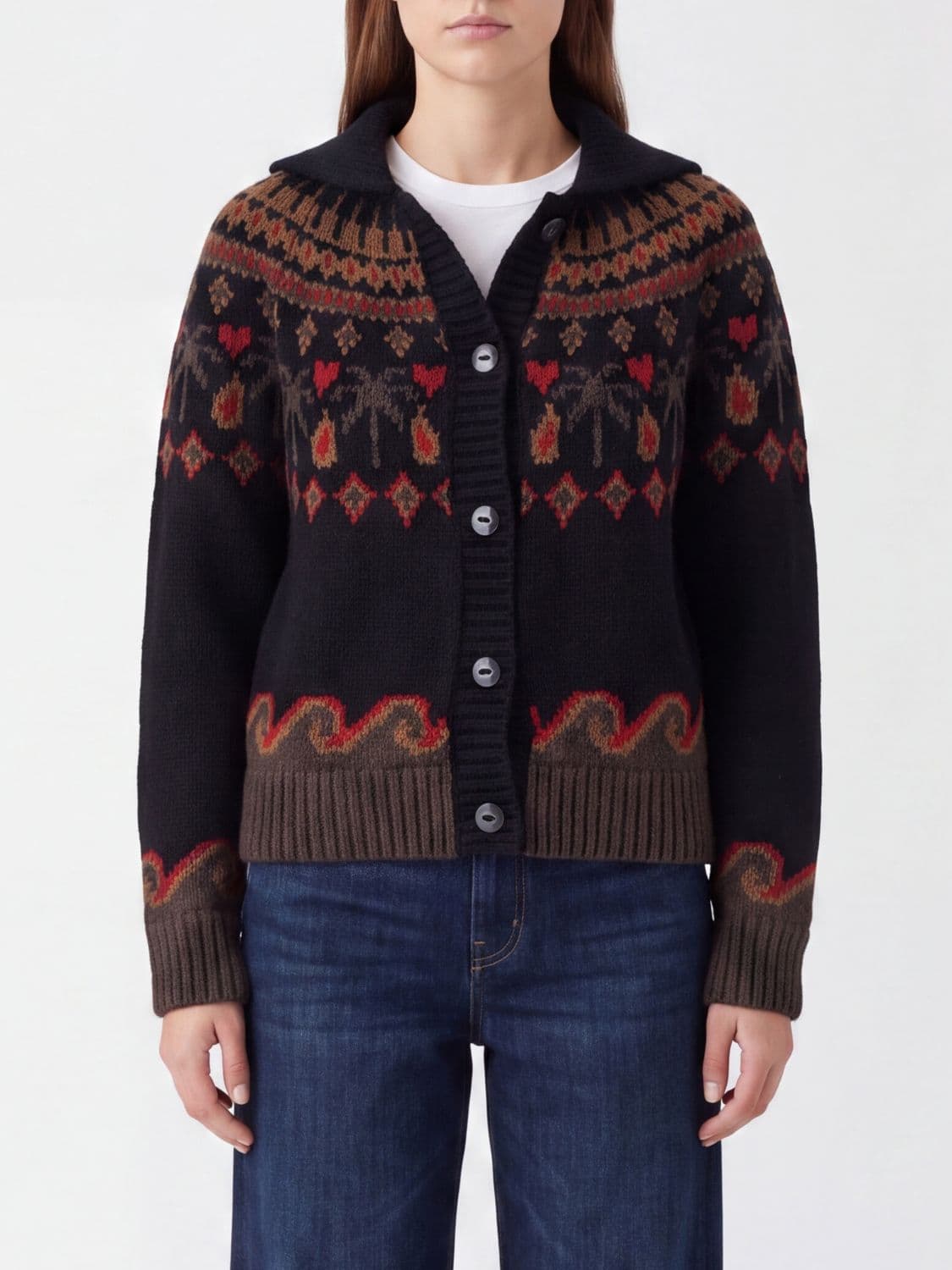 Alanui Jacquard Virgin Wool V-Neck Cardigan with Buttons