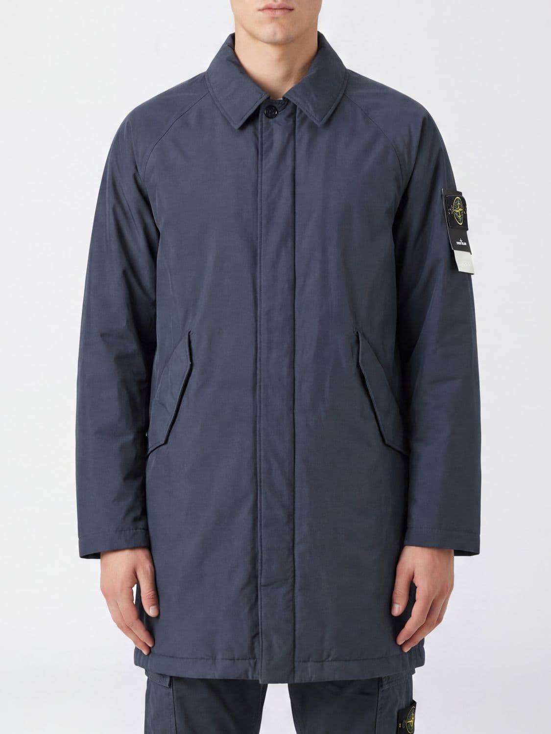 Stone Island Single-Breasted Knee-Length Trench Coat in Nylon with Logo Patch
