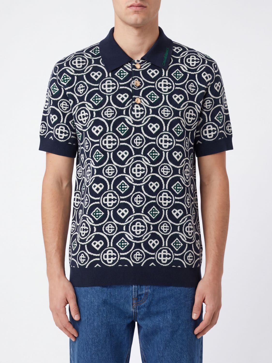 Casablanca Knitted Cotton Polo Shirt with Contrast Logo and Ribbed Trims