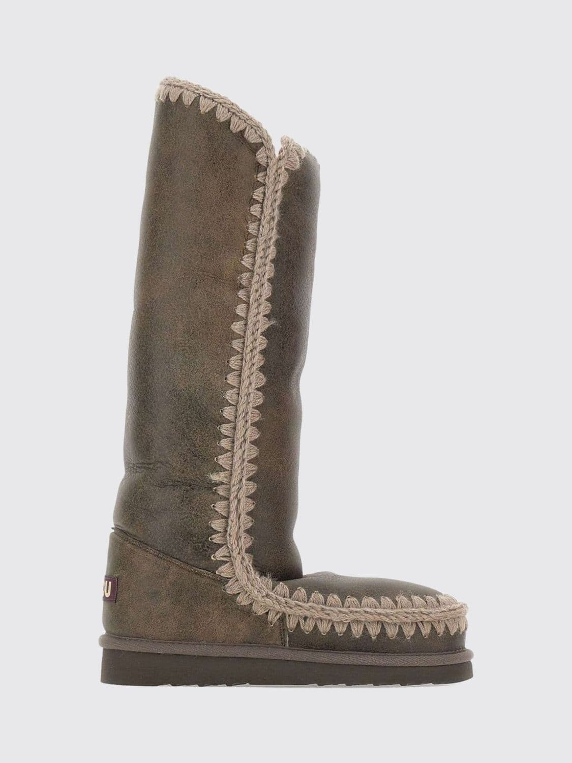 Mou Knee-High Eskimo Boots in Cracked Leather with Crochet Stitching
