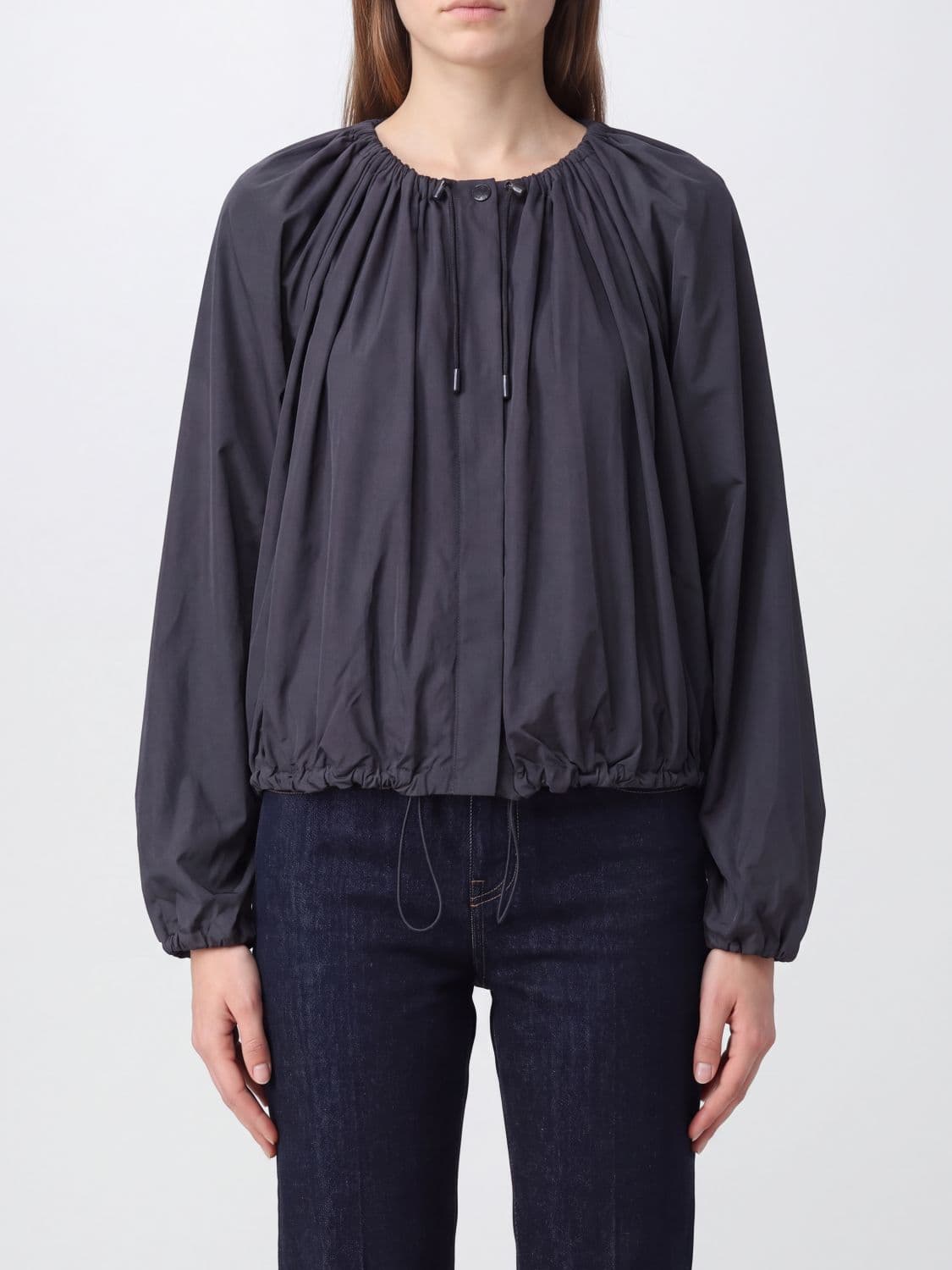 Toteme Cropped Relaxed Fit Jacket in Recycled Polyester with Drawstring Hem