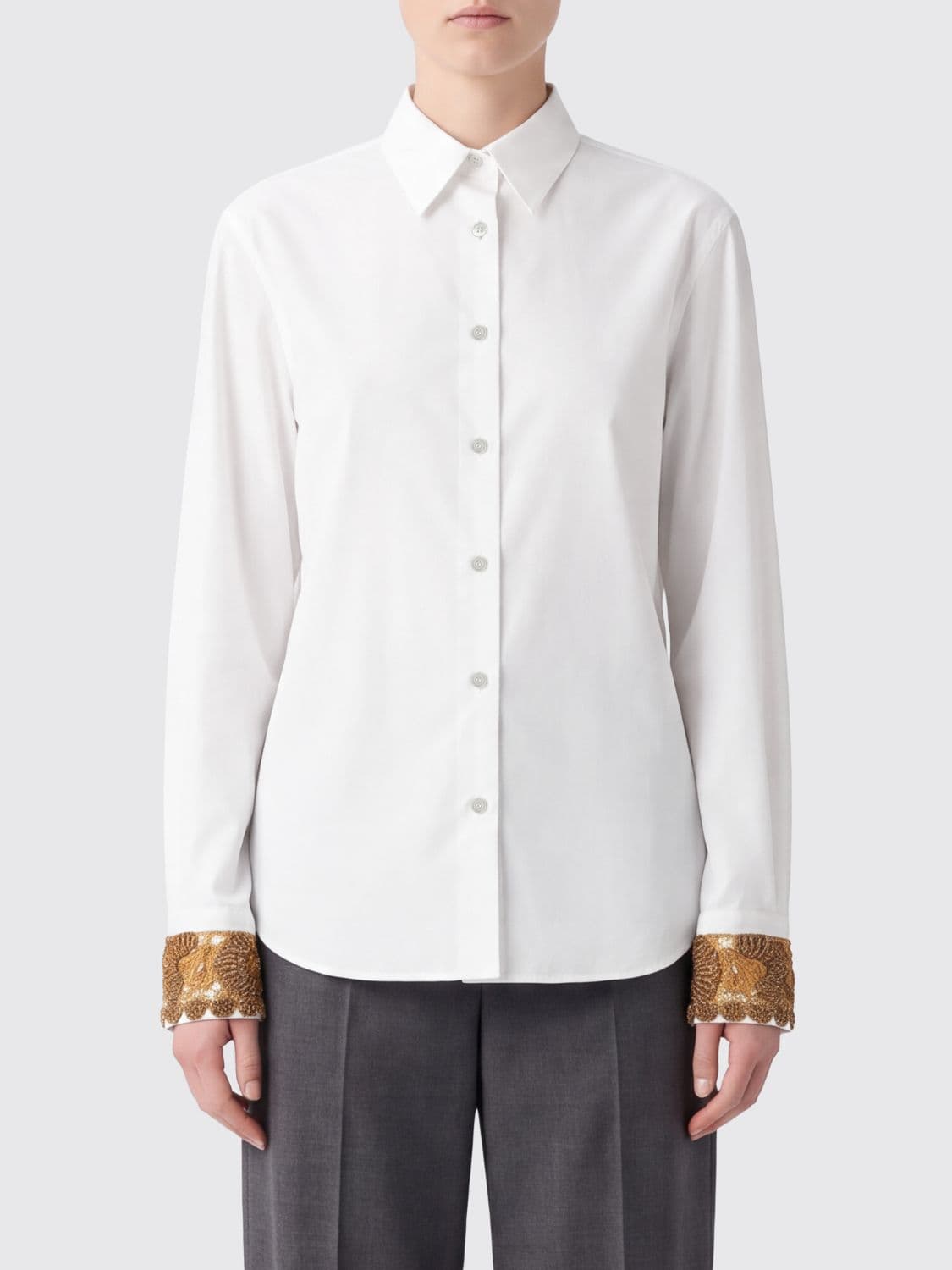 Dries Van Noten Slim Fit Cotton Poplin Shirt with Embroidered Cuffs