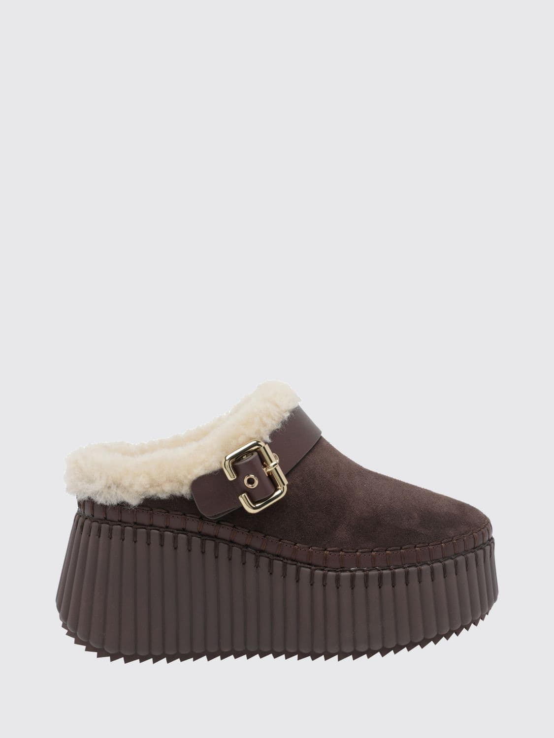 Chloé Nama Suede and Shearling High-Heeled Platform Mules