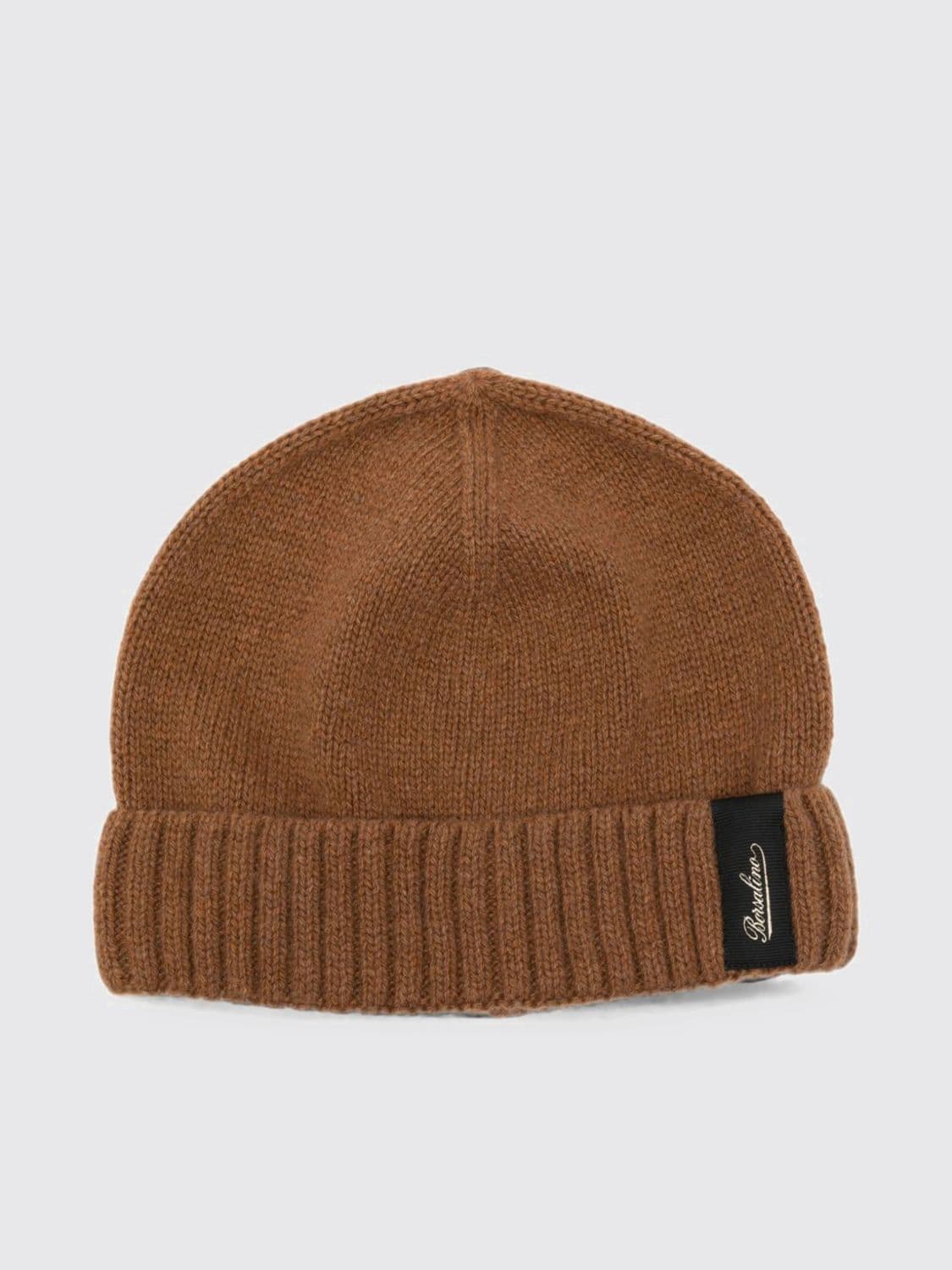 Borsalino Cashmere Beanie Hat with Cuffed Brim and Logo Patch