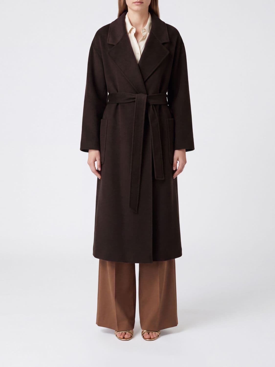 Elisabetta Franchi Long Robe Coat in Pure Wool with a Waist Belt