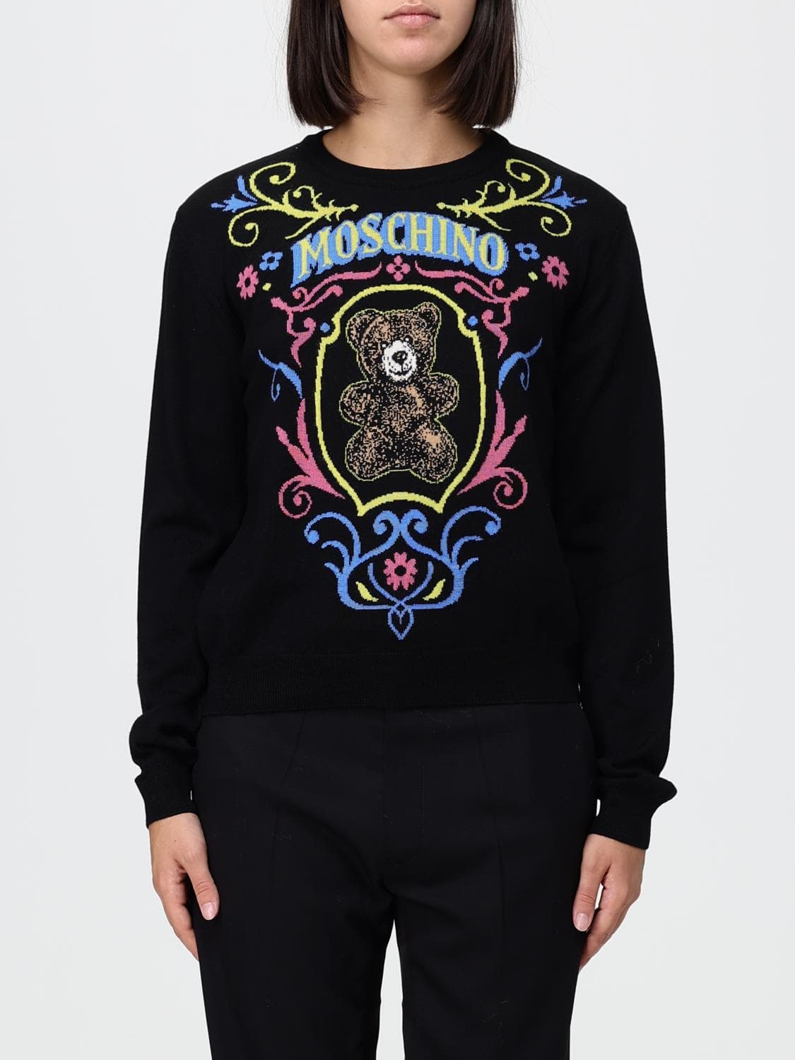 Moschino Couture Teddy Bear Jacquard Logo Crewneck Jumper in 100% Merino Wool